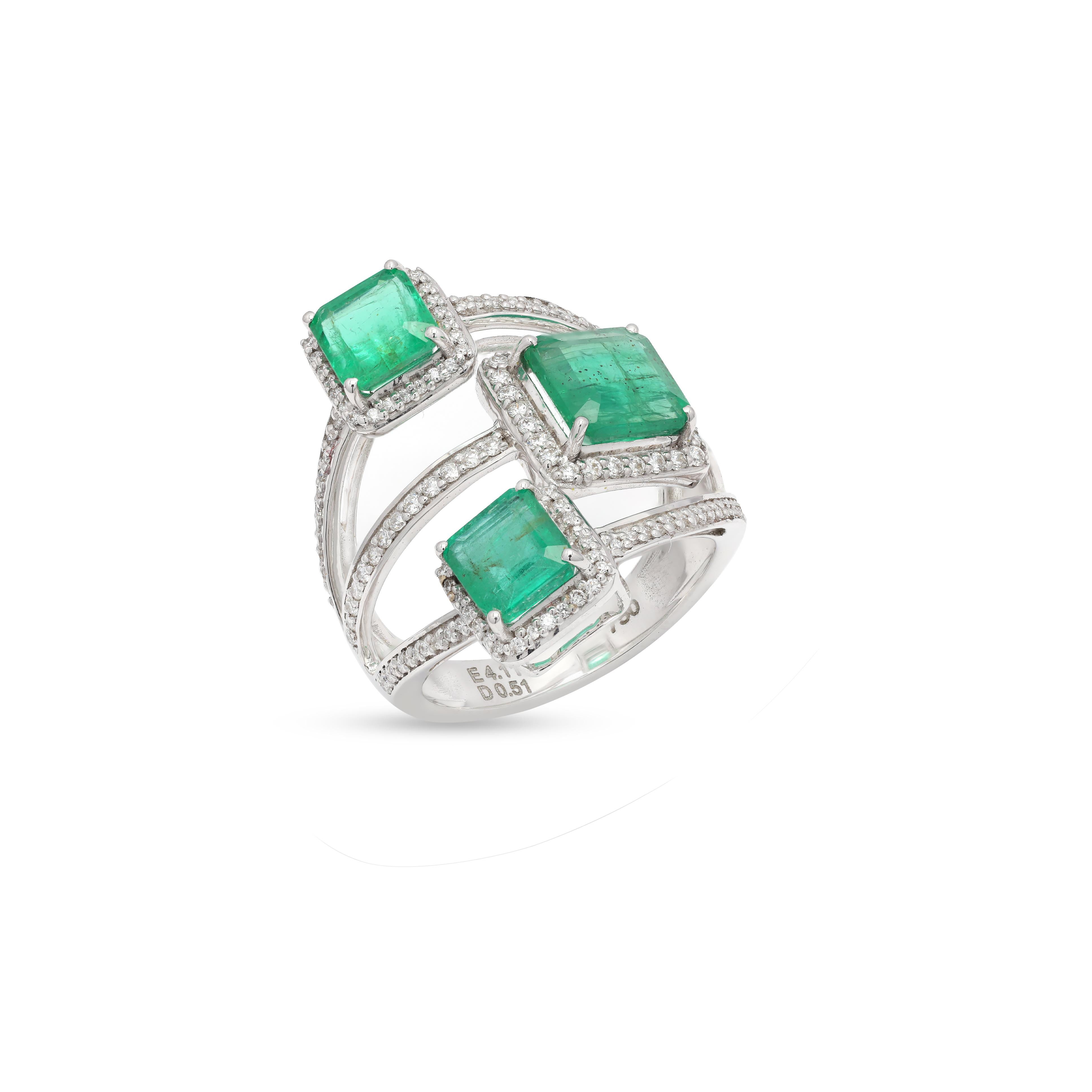 For Sale:  Emerald Three Stone Bridal Ring with Diamond in 14 Karat White Gold  3