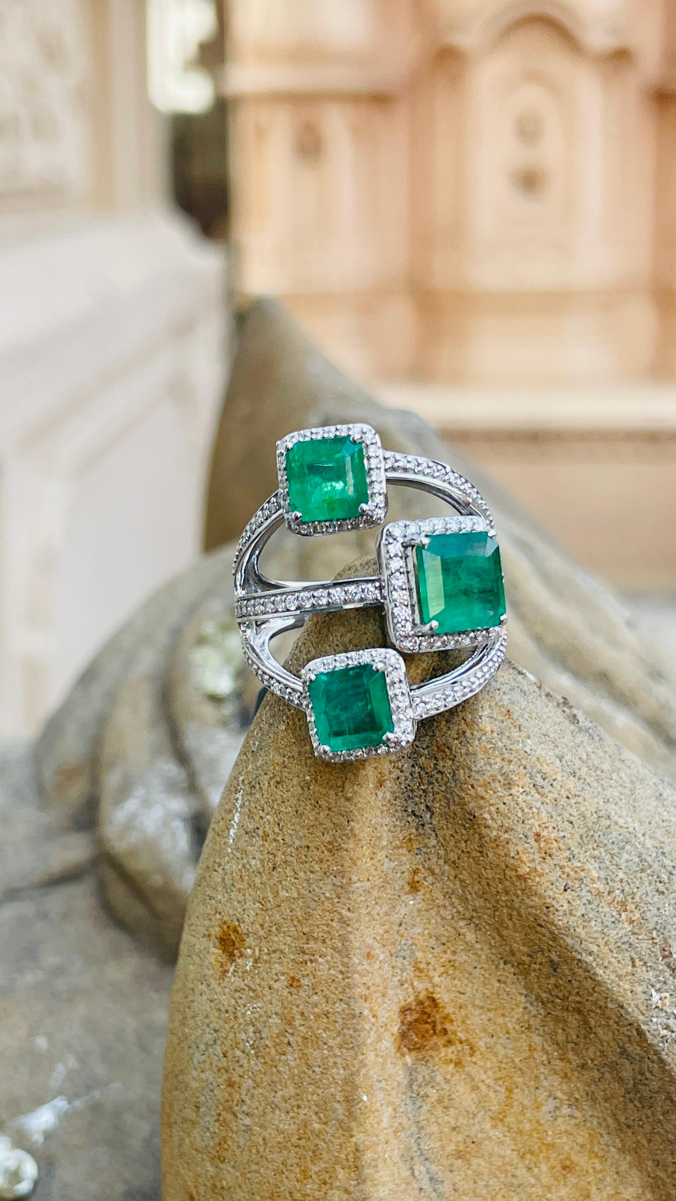 For Sale:  Emerald Three Stone Bridal Ring with Diamond in 14 Karat White Gold 6