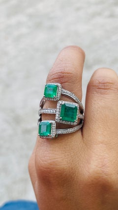 Emerald Three Stone Bridal Ring with Diamond in 14 Karat White Gold