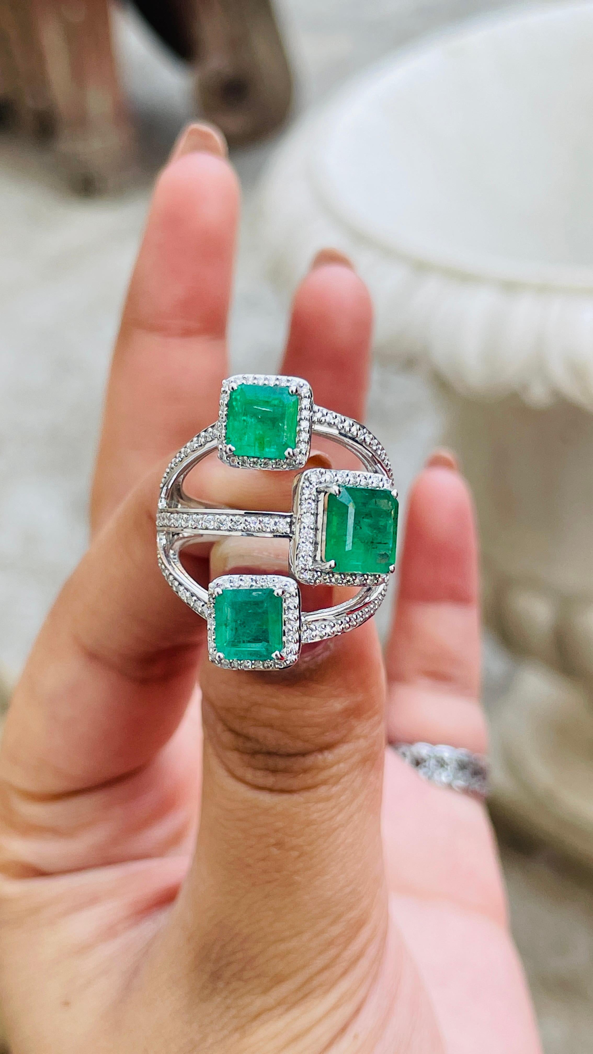 For Sale:  Emerald Three Stone Bridal Ring with Diamond in 14 Karat White Gold  4