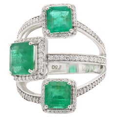 Emerald Three Stone Bridal Ring with Diamond in 14 Karat White Gold 