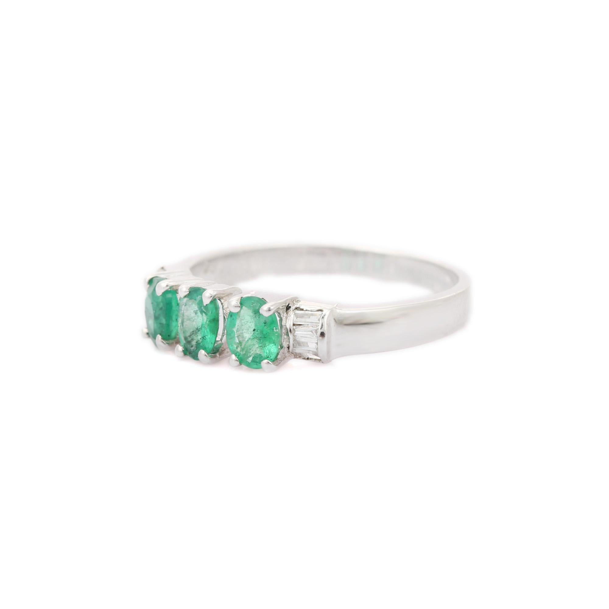 For Sale:  Emerald Three Stone Diamond Ring in 14K White Gold 2