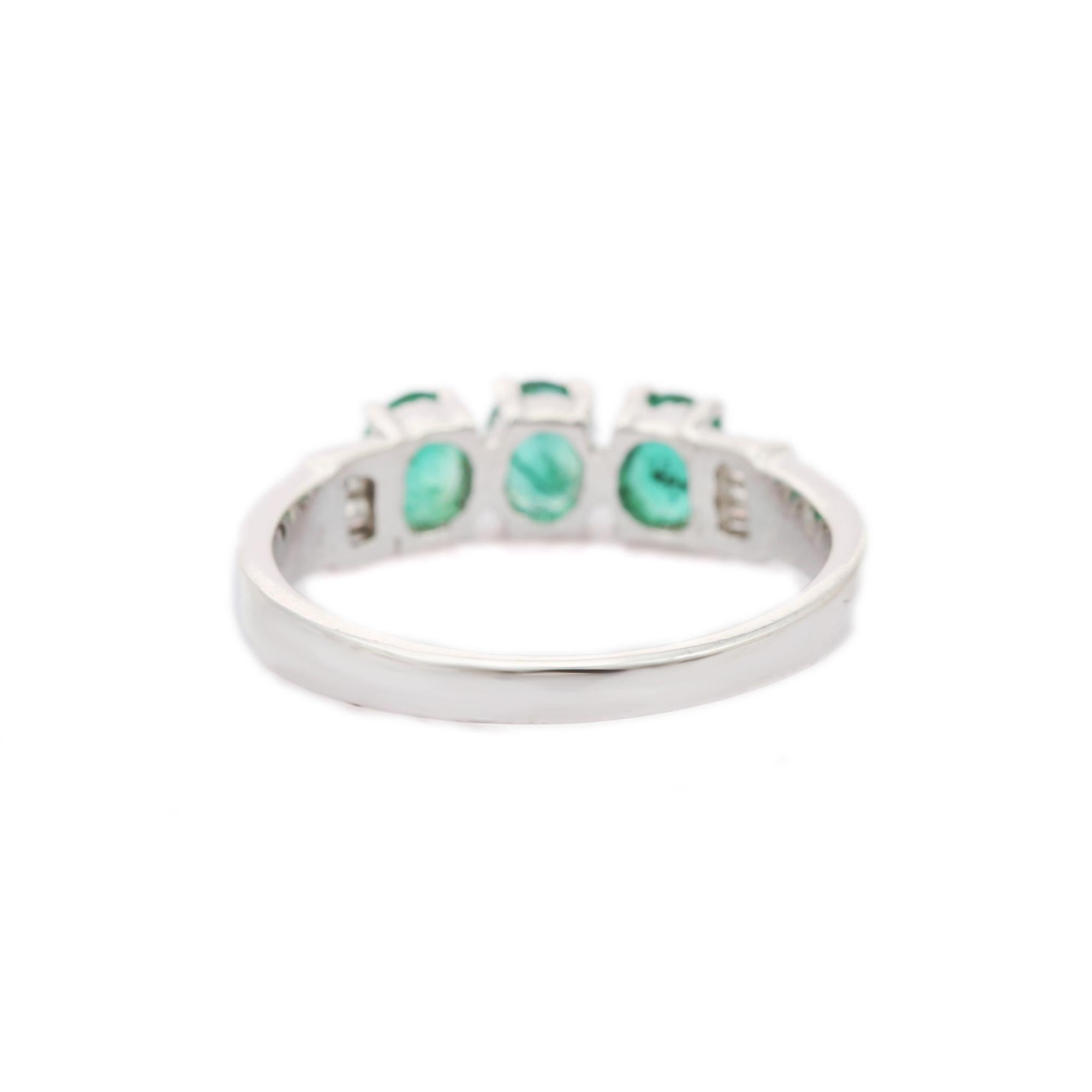 For Sale:  Emerald Three Stone Diamond Ring in 14K White Gold 3