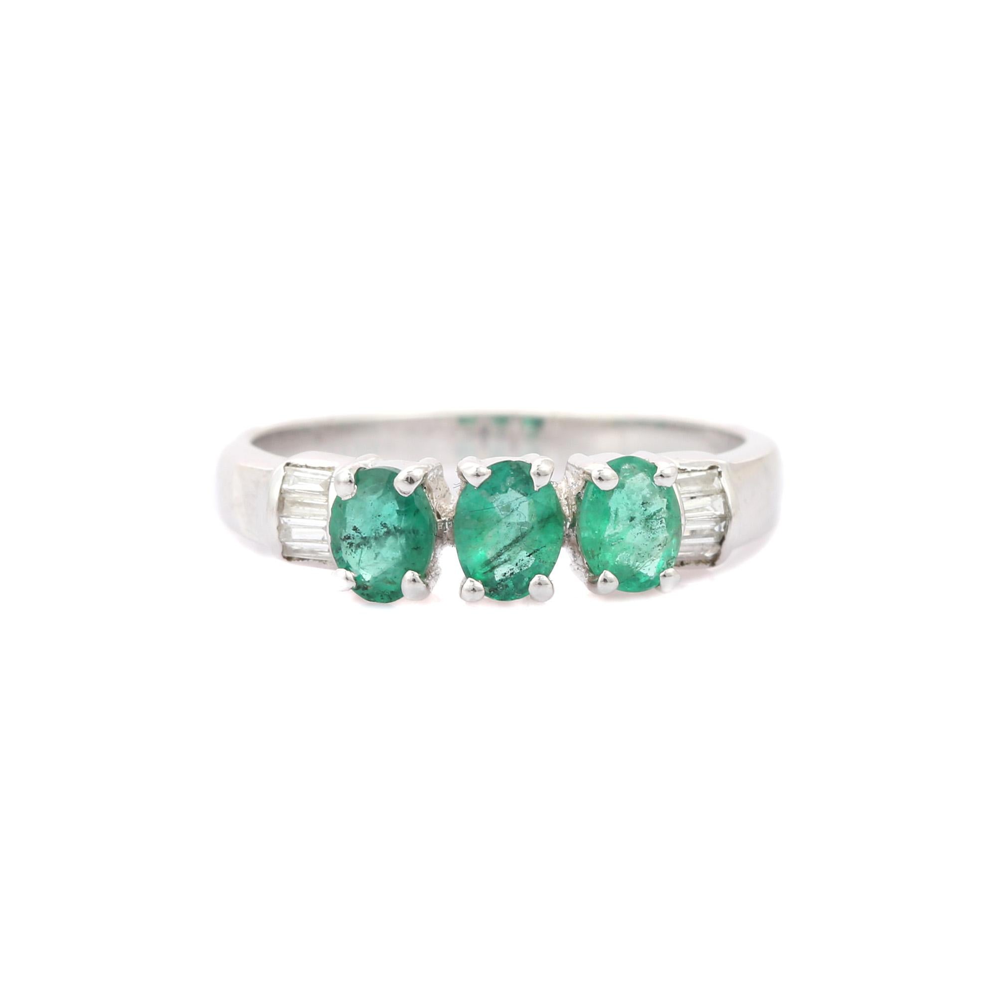 For Sale:  Emerald Three Stone Diamond Ring in 14K White Gold 4