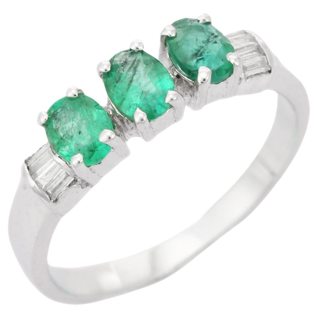 Emerald Three Stone Diamond Ring in 14K White Gold