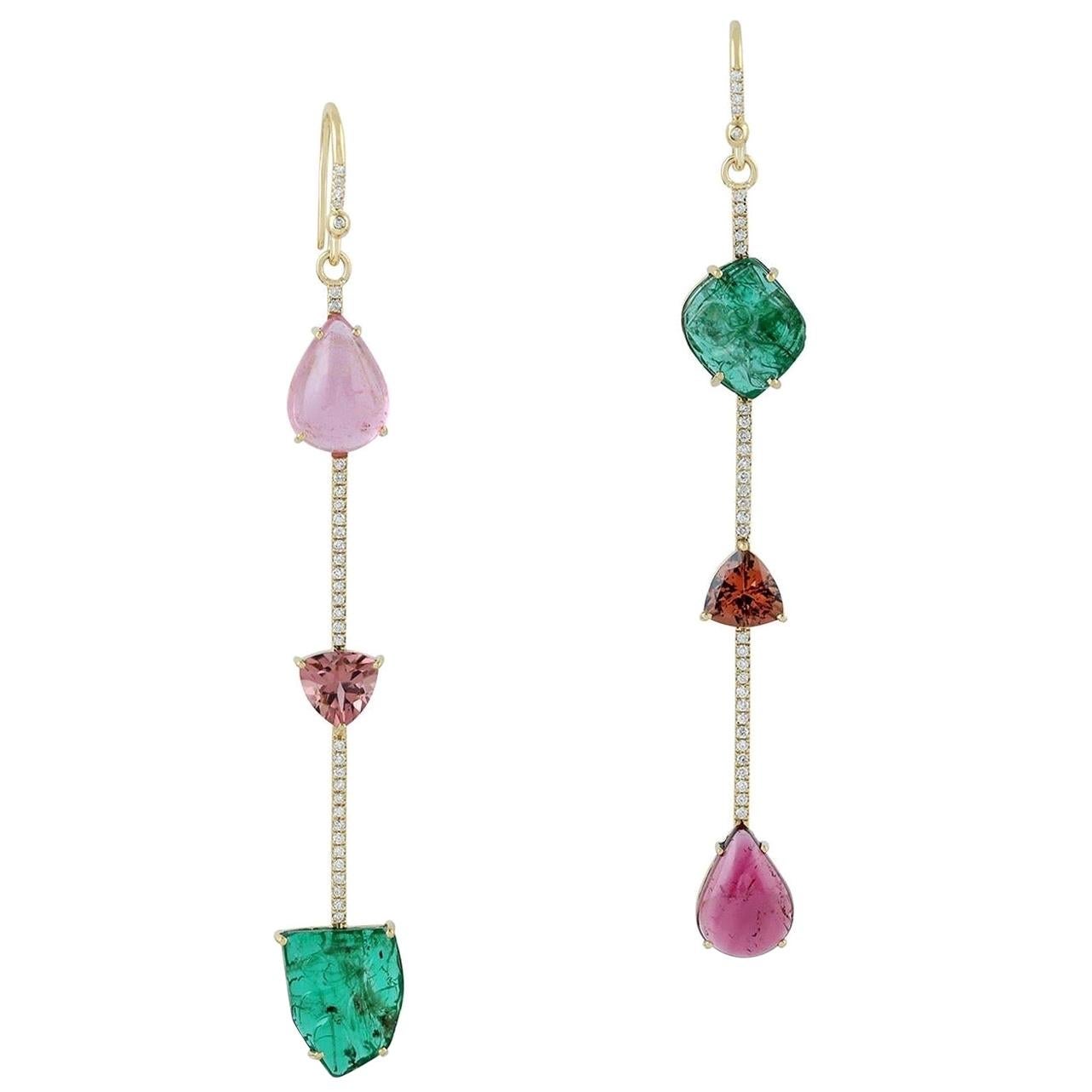 Emerald Tourmaline Diamond 18 Karat Gold Linear Earrings For Sale