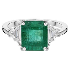 Emerald & Trapezoid Diamond Three-Stone Ring, 2.06 TCW, 18k White Gold
