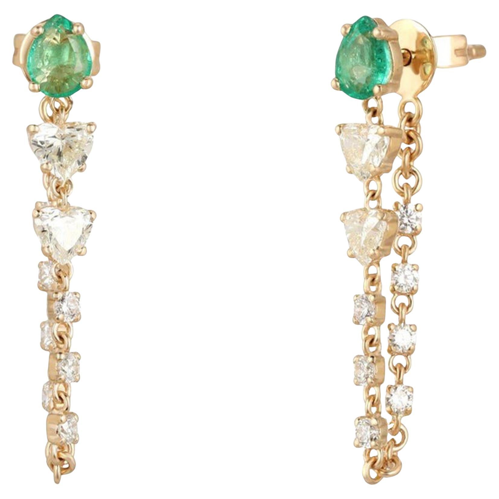 0.42ct Diamond & Emerald 14K Yellow Gold Chain Drop Earrings