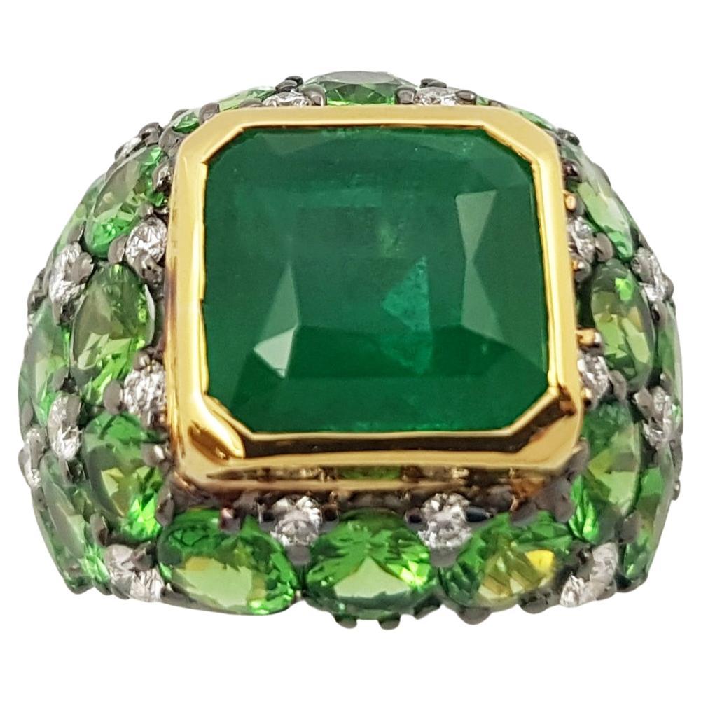 Emerald, Tsavorite and Diamond Ring Set in 18 Karat Gold Settings For Sale