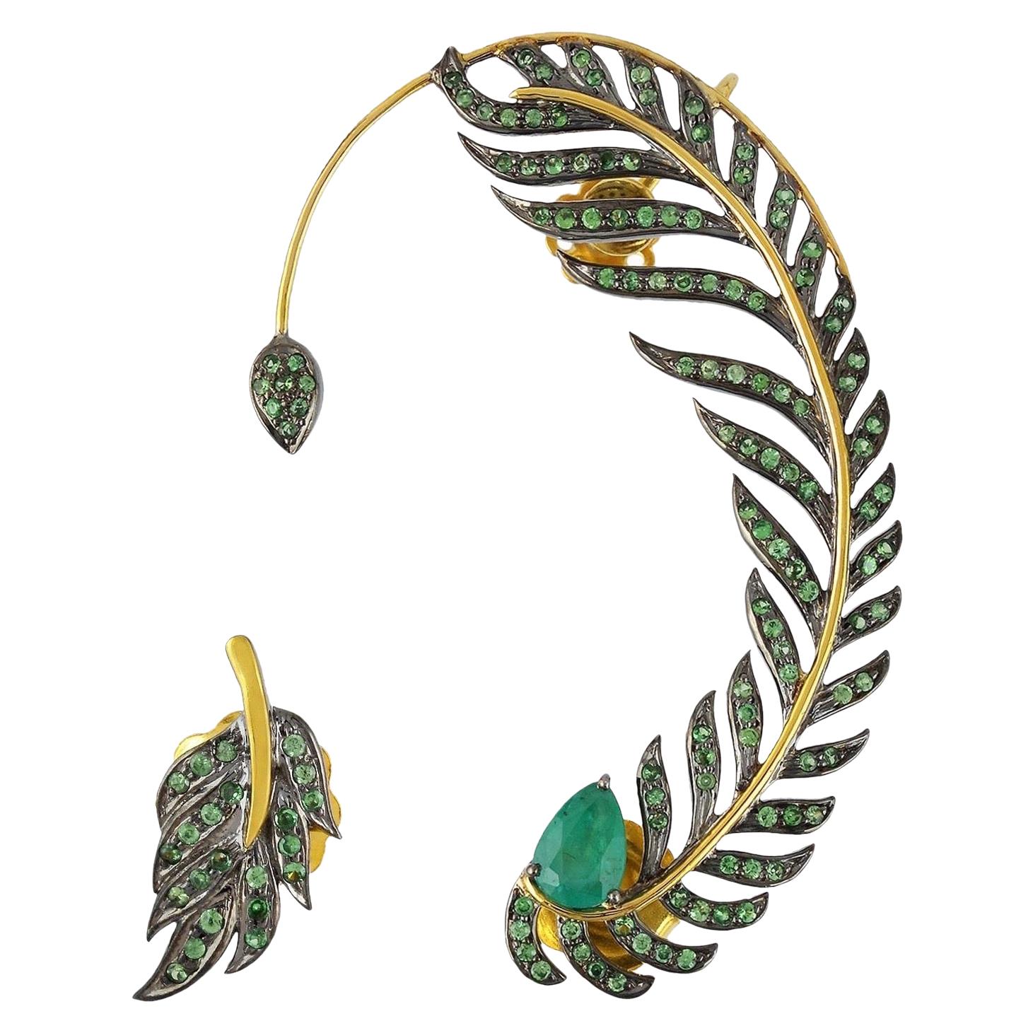 Emerald Tsavorite Feather Ear Climber For Sale
