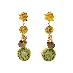 21st Century Emerald Tsavorites Quartz Diamonds Coins Star Gold Earrings