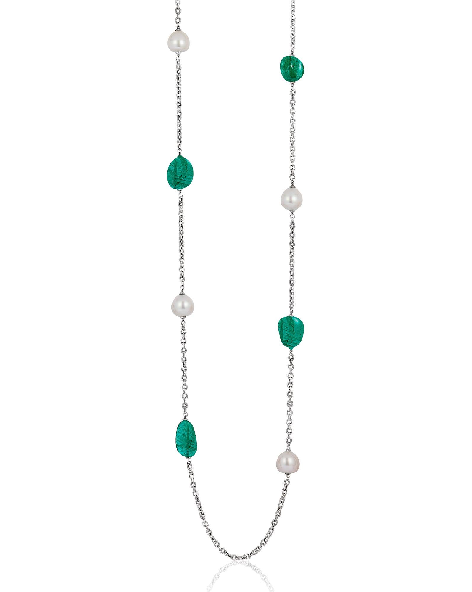 Emerald Tumble with White South Sea Pearl Drop Necklace in 18K White Gold, from 'G-One' Collection 

Length: 36