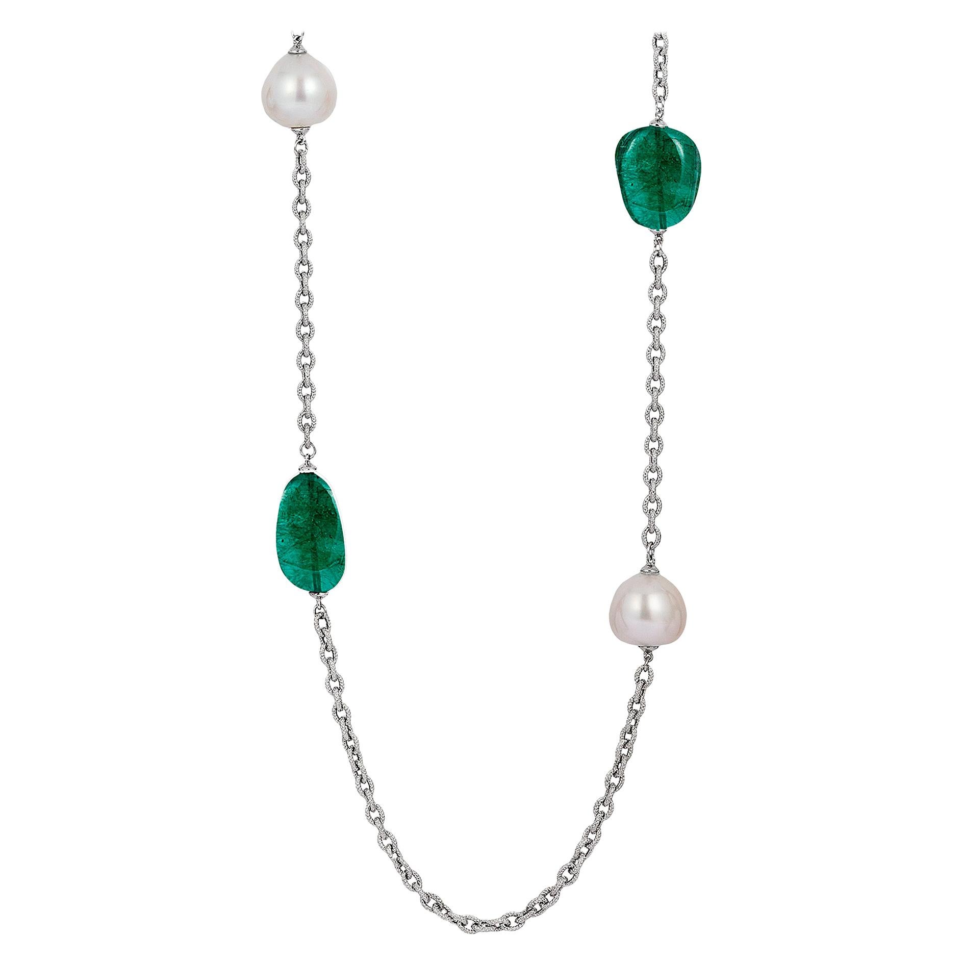 Goshwara Emerald Tumble With White South Sea Pearl Drop Necklace For Sale