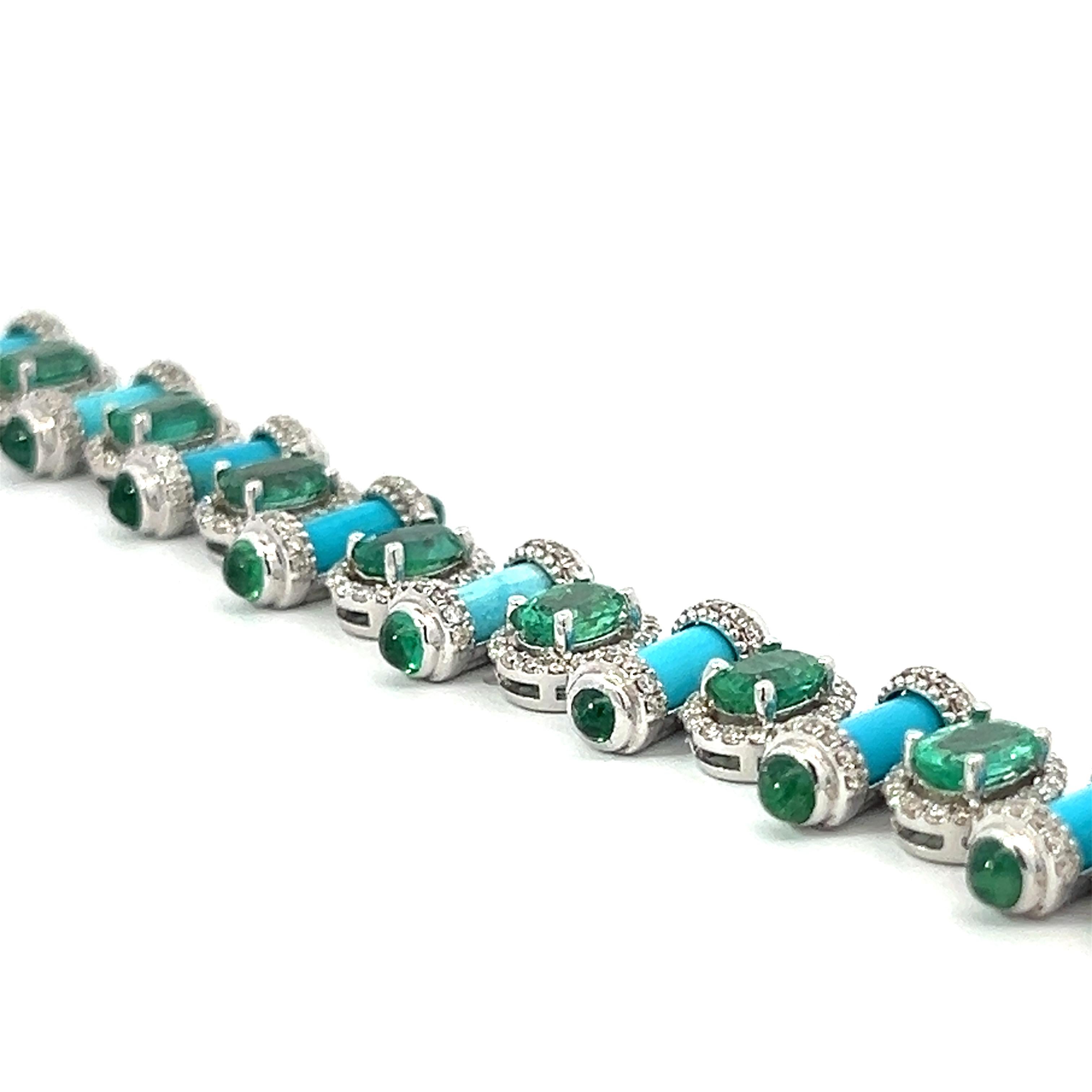 Modern Emerald, Turquoise and Diamond 18K Gold Bracelet