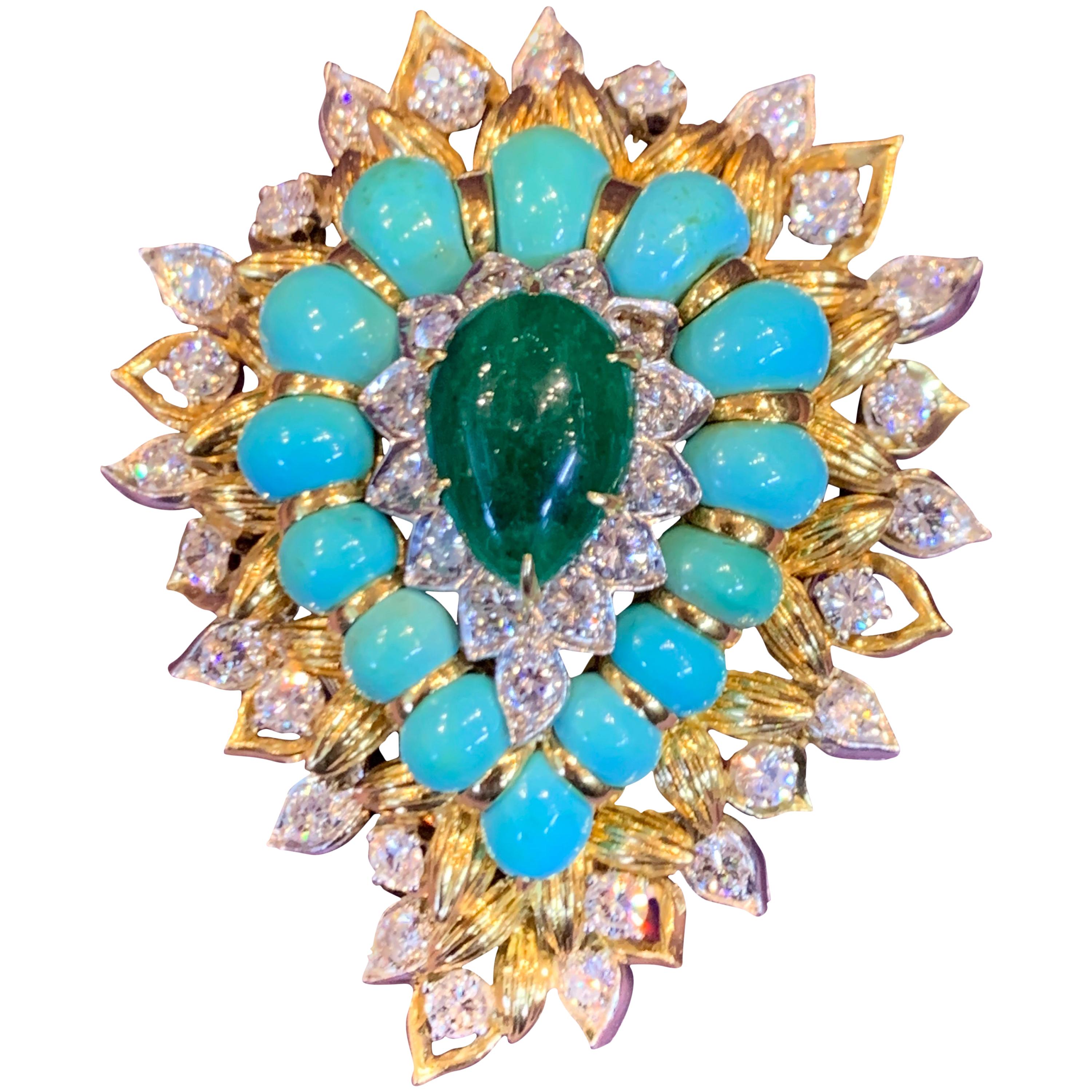 Emerald Turquoise and Diamond Paisley Pendant and Brooch