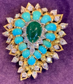 Emerald Turquoise and Diamond Paisley Pendant and Brooch