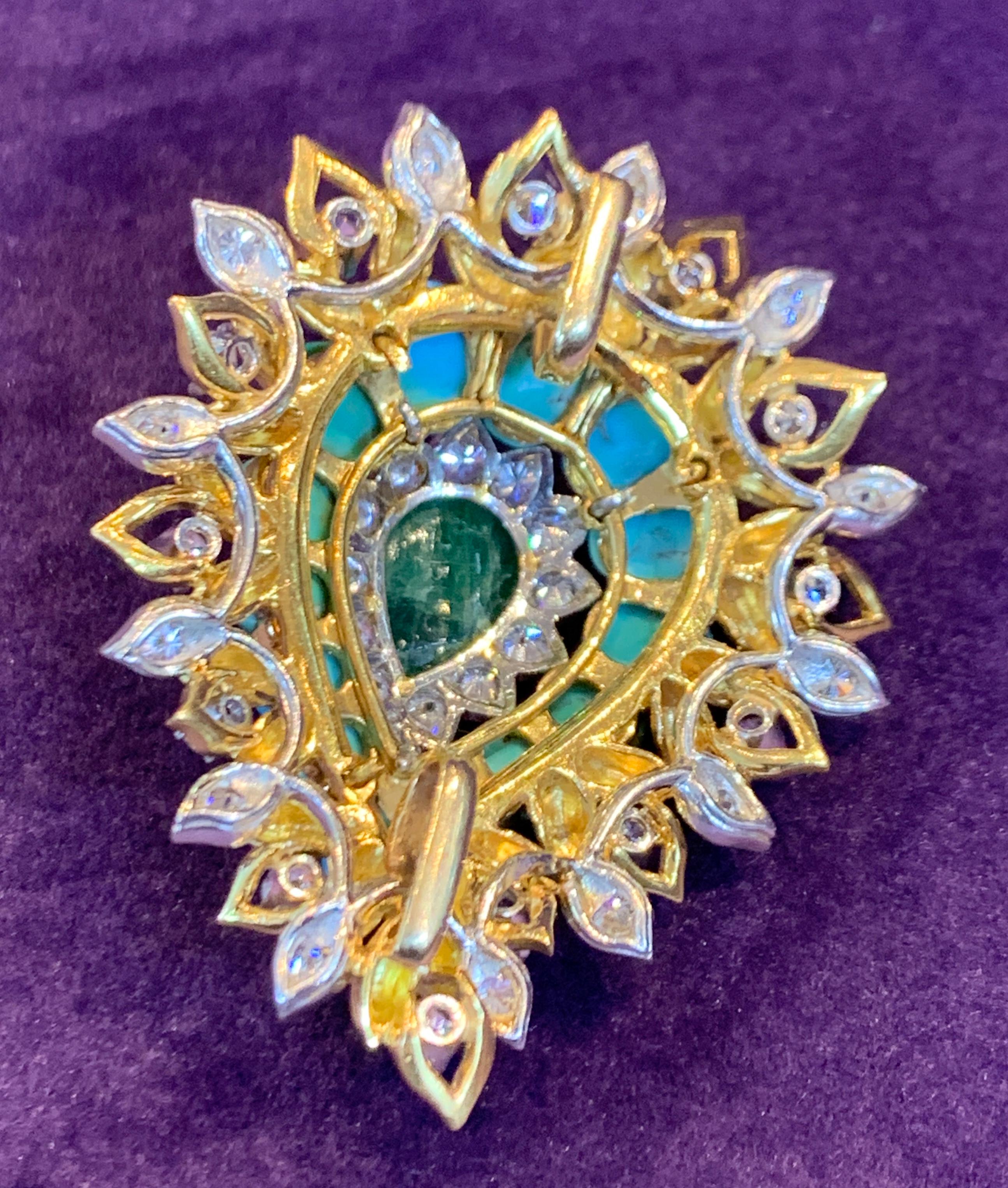Emerald Turquoise and Diamond Paisley Pendant and Brooch For Sale 1