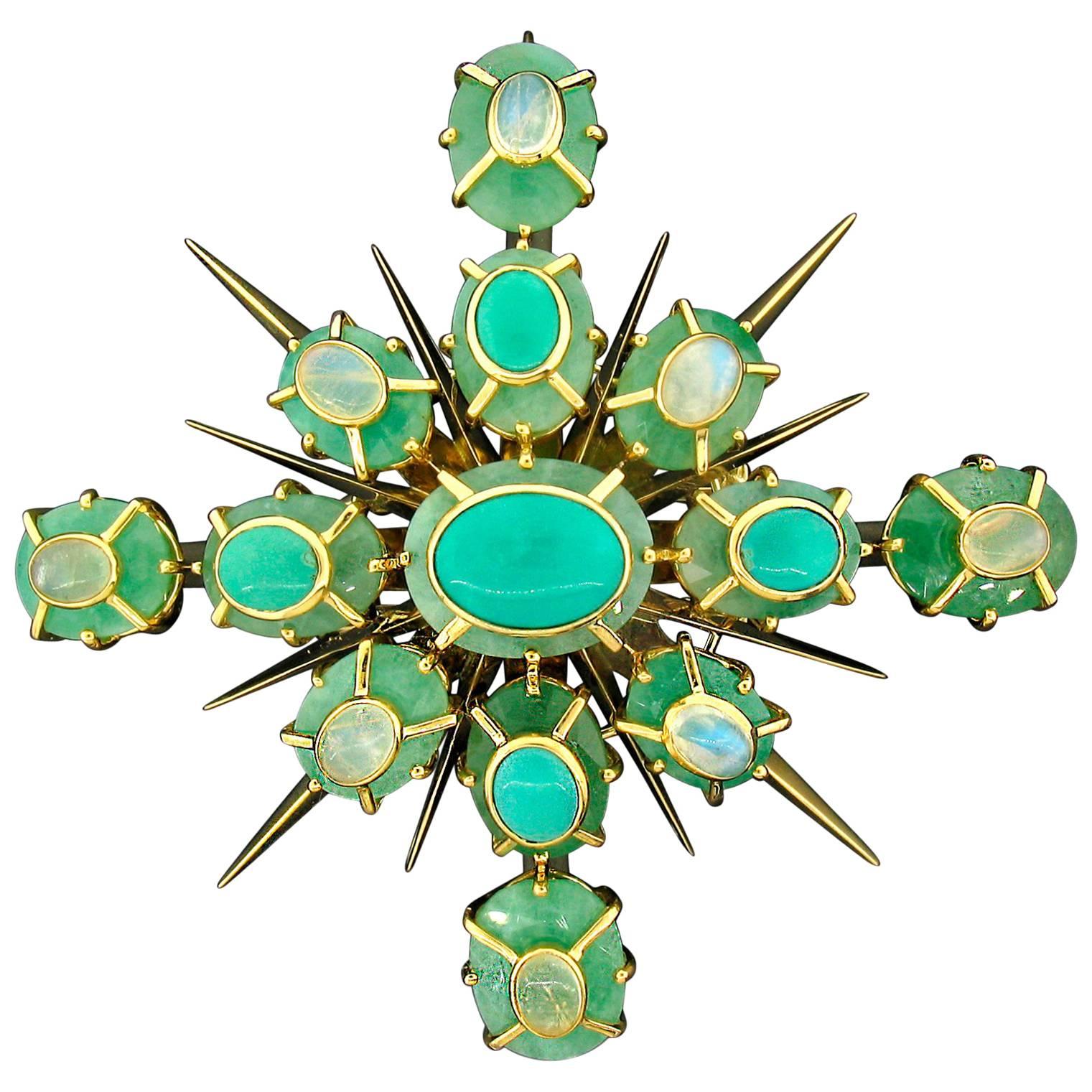 Emerald, Turquoise and Moonstone Brooch or Pendant by Tony Duquette