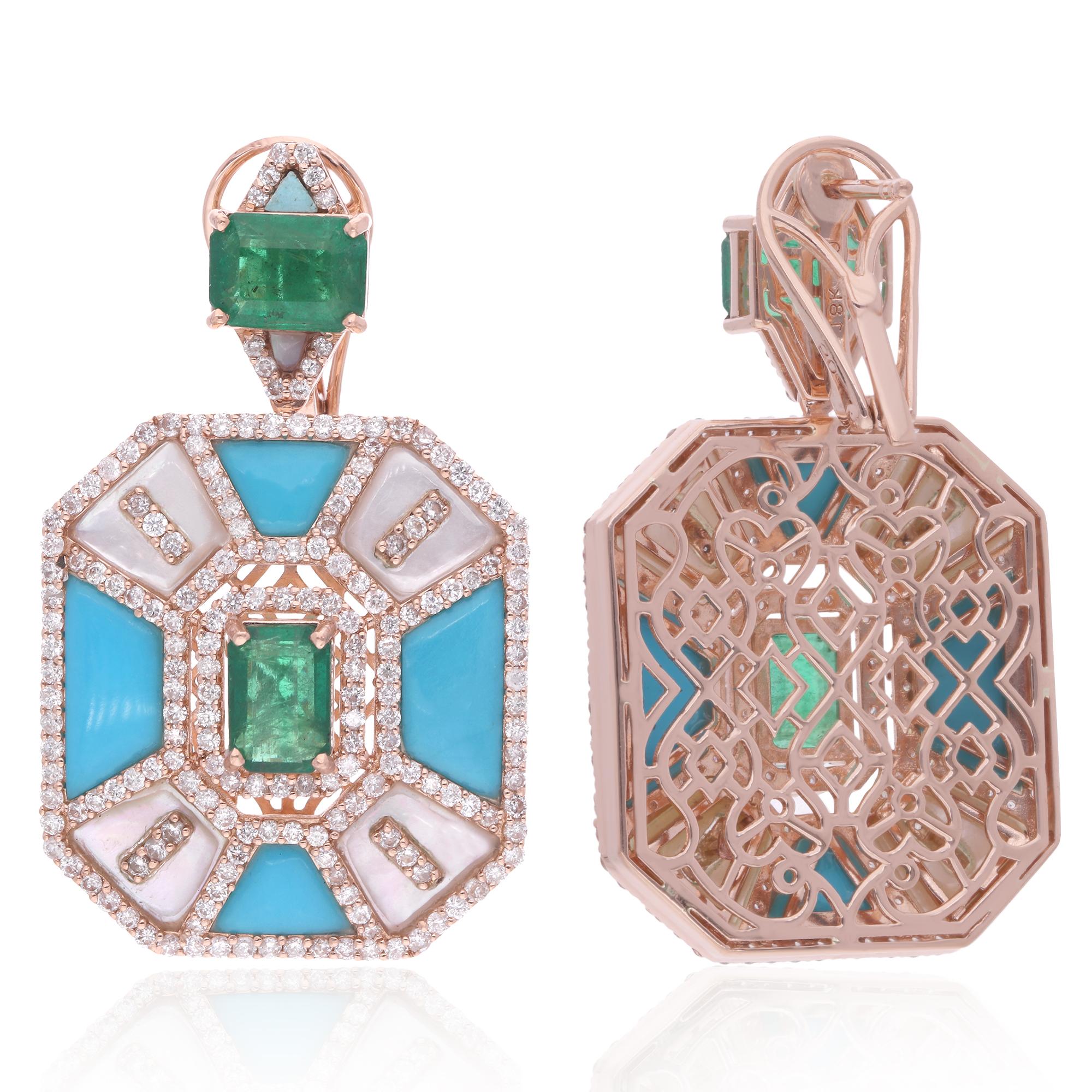 Elevate your style with these enchanting emerald turquoise dangle earrings adorned with mother of pearl and diamonds, gracefully crafted in 14 karat rose gold. These earrings exude an air of elegance and sophistication, blending the natural allure