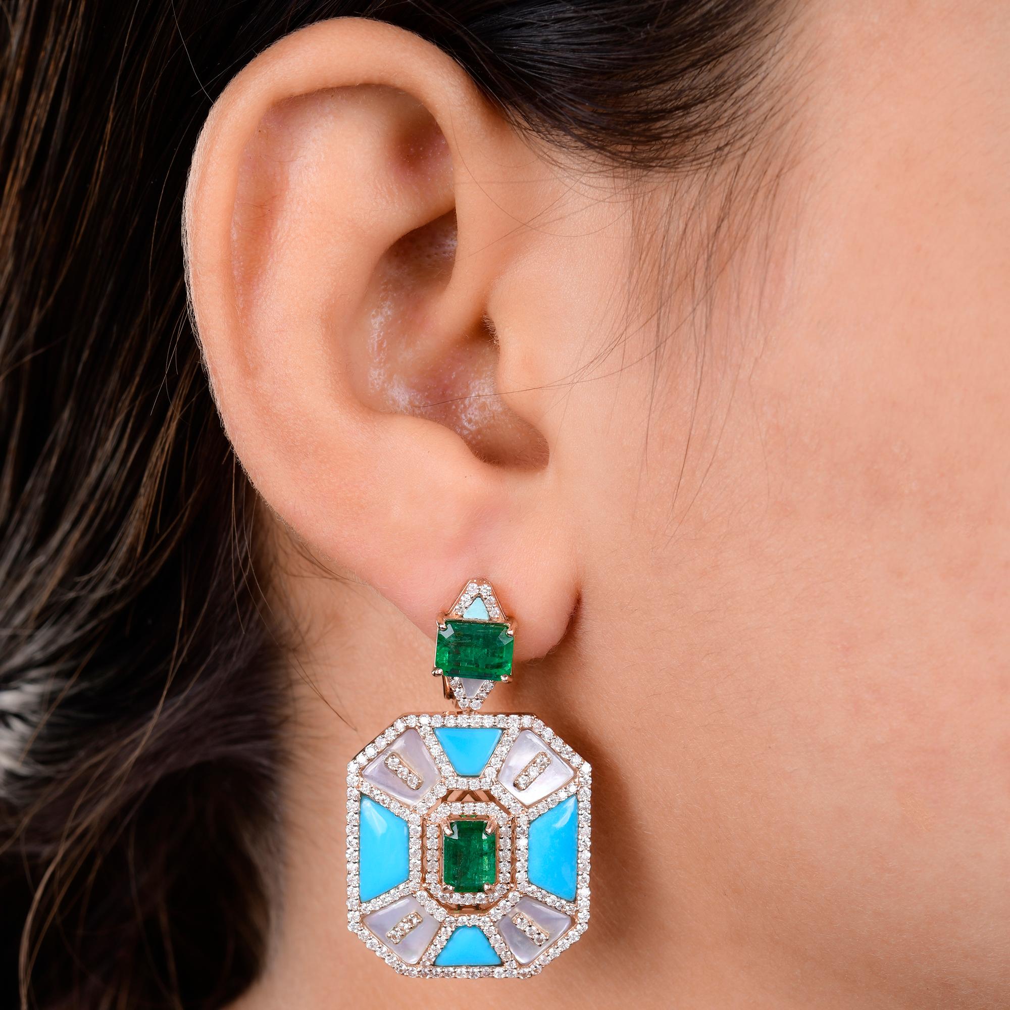 Modern Emerald Turquoise Dangle Earrings Mother of Pearl Diamond 14 Karat Rose Gold For Sale