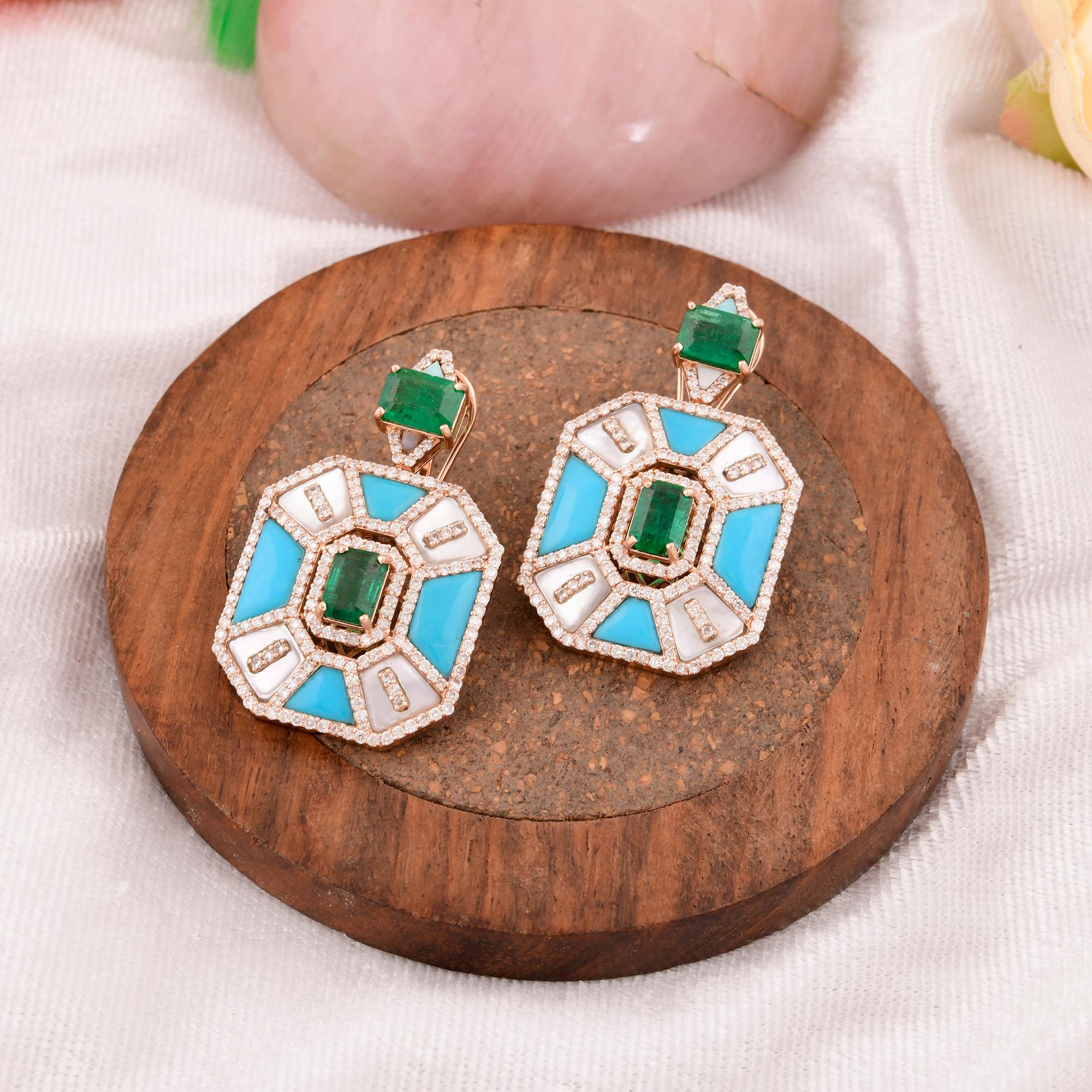Emerald Cut Emerald Turquoise Dangle Earrings Mother of Pearl Diamond 14 Karat Rose Gold For Sale