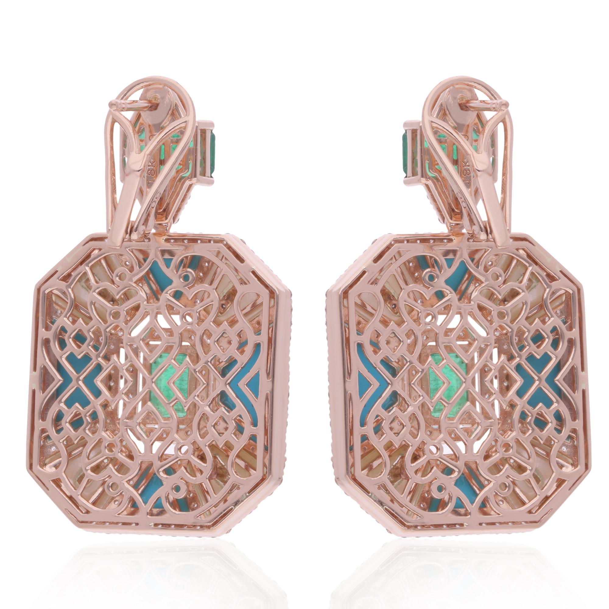 Women's Emerald Turquoise Dangle Earrings Mother of Pearl Diamond 14 Karat Rose Gold For Sale