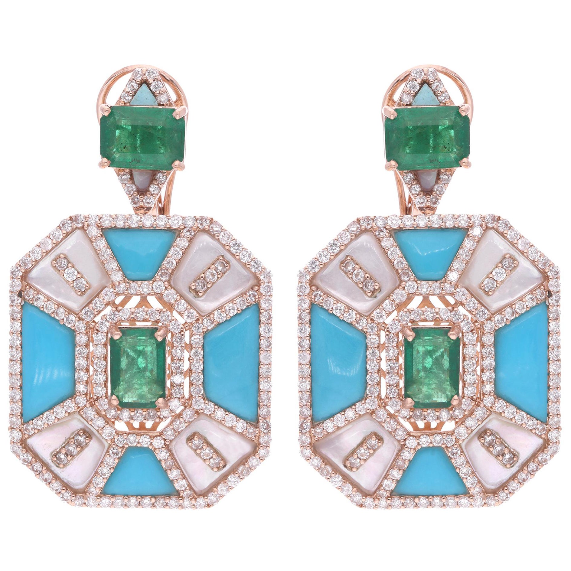 Emerald Turquoise Dangle Earrings Mother of Pearl Diamond 14 Karat Rose Gold