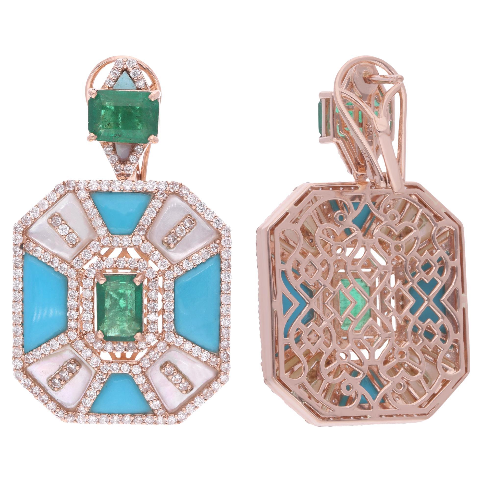 Emerald Turquoise Dangle Earrings Mother of Pearl Diamond 14 Karat Rose Gold