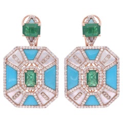 Emerald Turquoise Dangle Earrings Mother of Pearl Diamond 18 Karat Rose Gold
