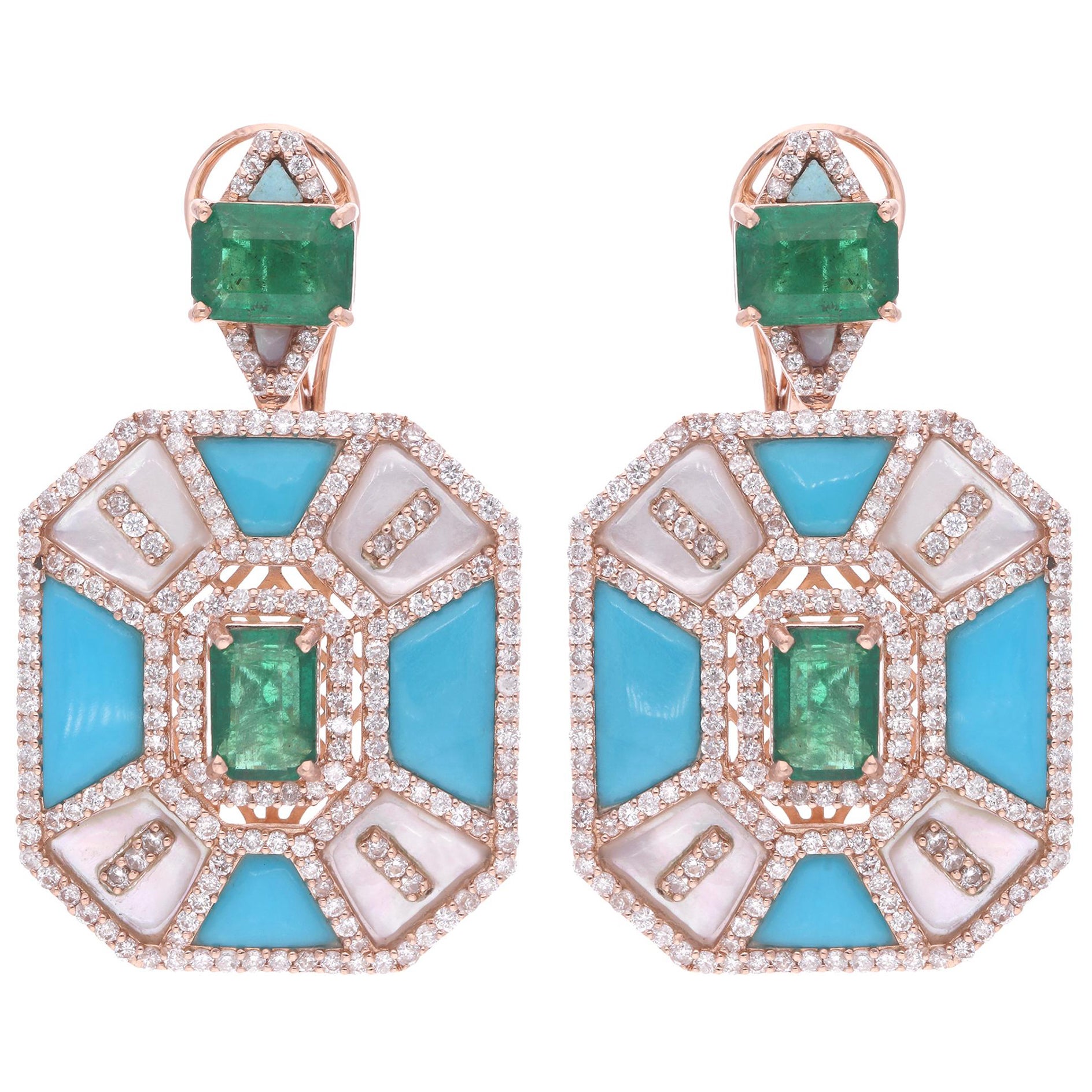 Orecchini con smeraldo e turchese Madreperla e diamante Oro rosa 18 carati