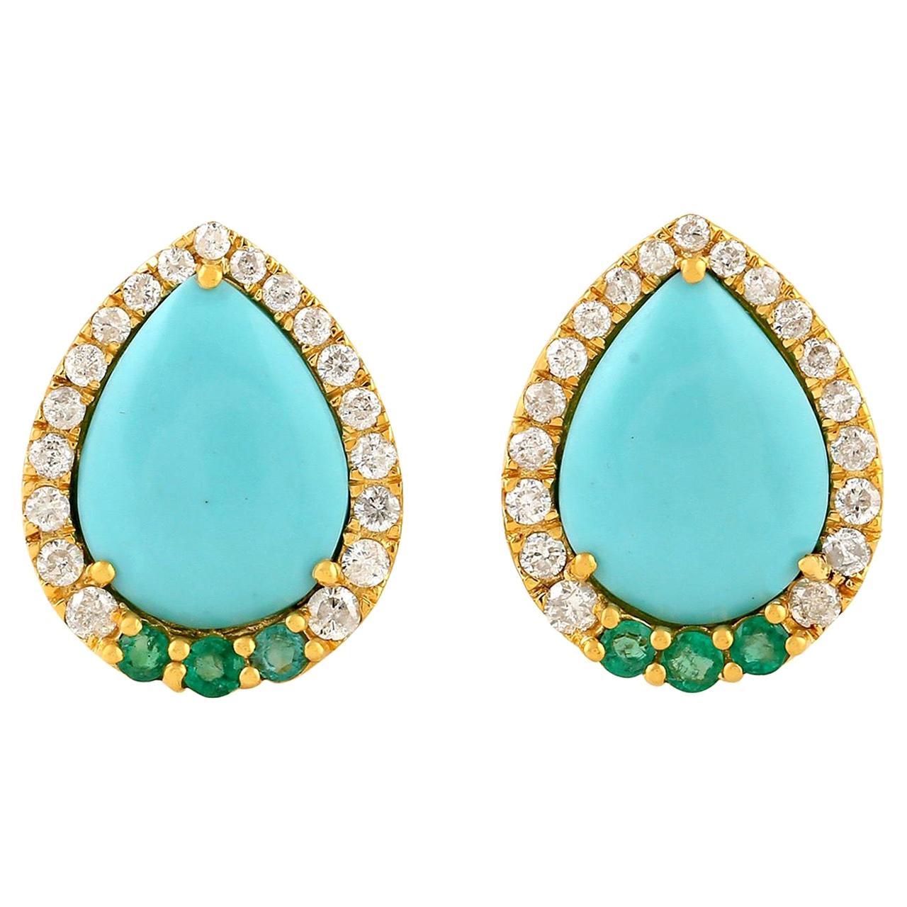Emerald Turquoise Diamond 18 Karat Gold Stud Earrings For Sale