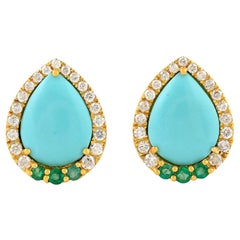 Clous d'oreilles en or 18 carats avec émeraude, turquoise et diamant