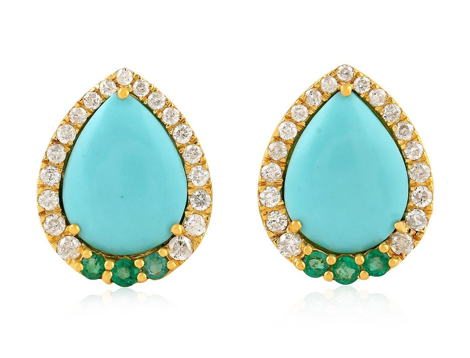 Handcrafted from 18-karat gold, these beautiful stud earrings are set with .58 carats of diamonds, 3.2 carats turquoise and .28 carats emerald.

FOLLOW  MEGHNA JEWELS storefront to view the latest collection & exclusive pieces.  Meghna Jewels is