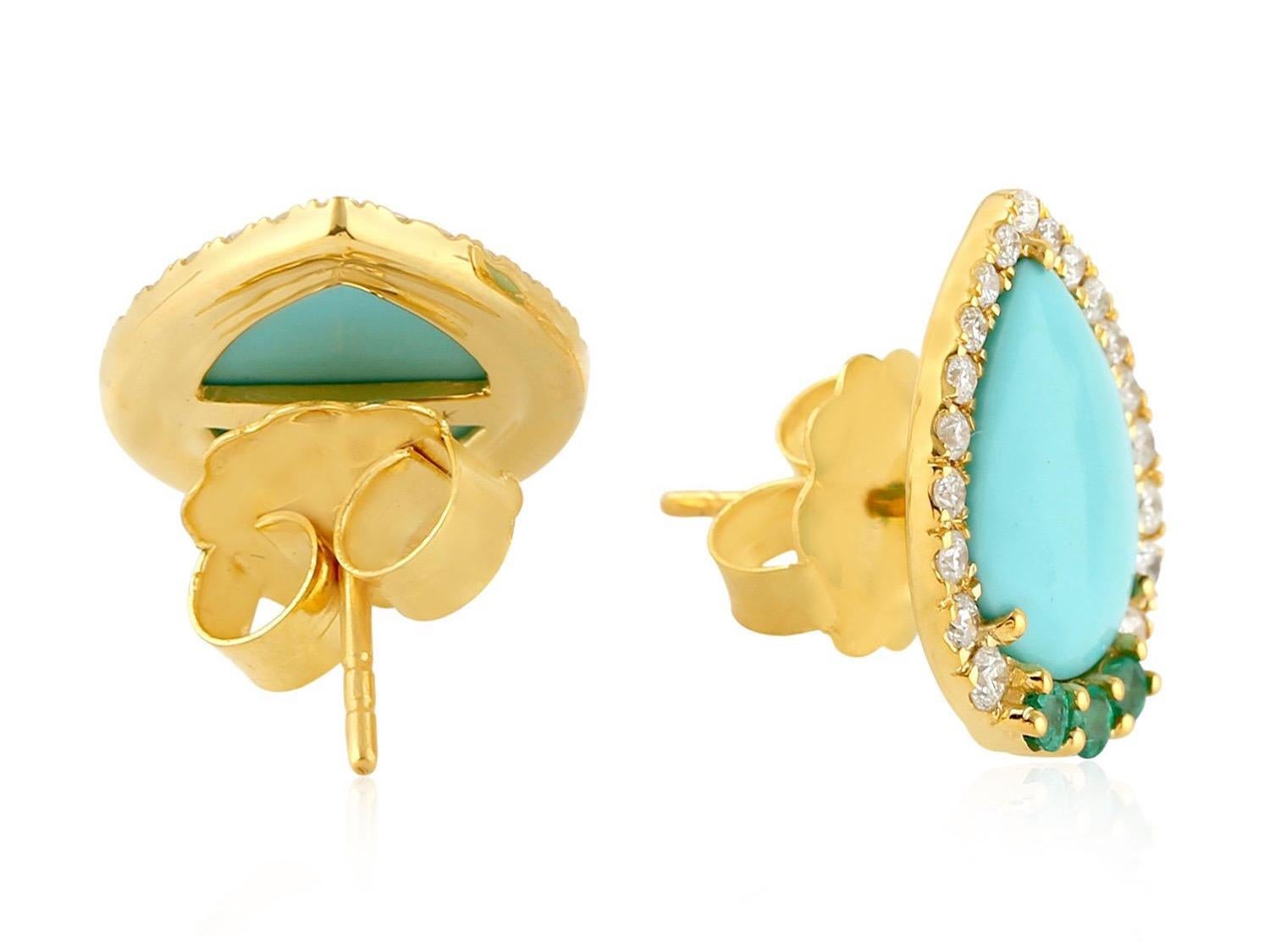 Pear Cut Emerald Turquoise Diamond 18 Karat Gold Stud Earrings For Sale