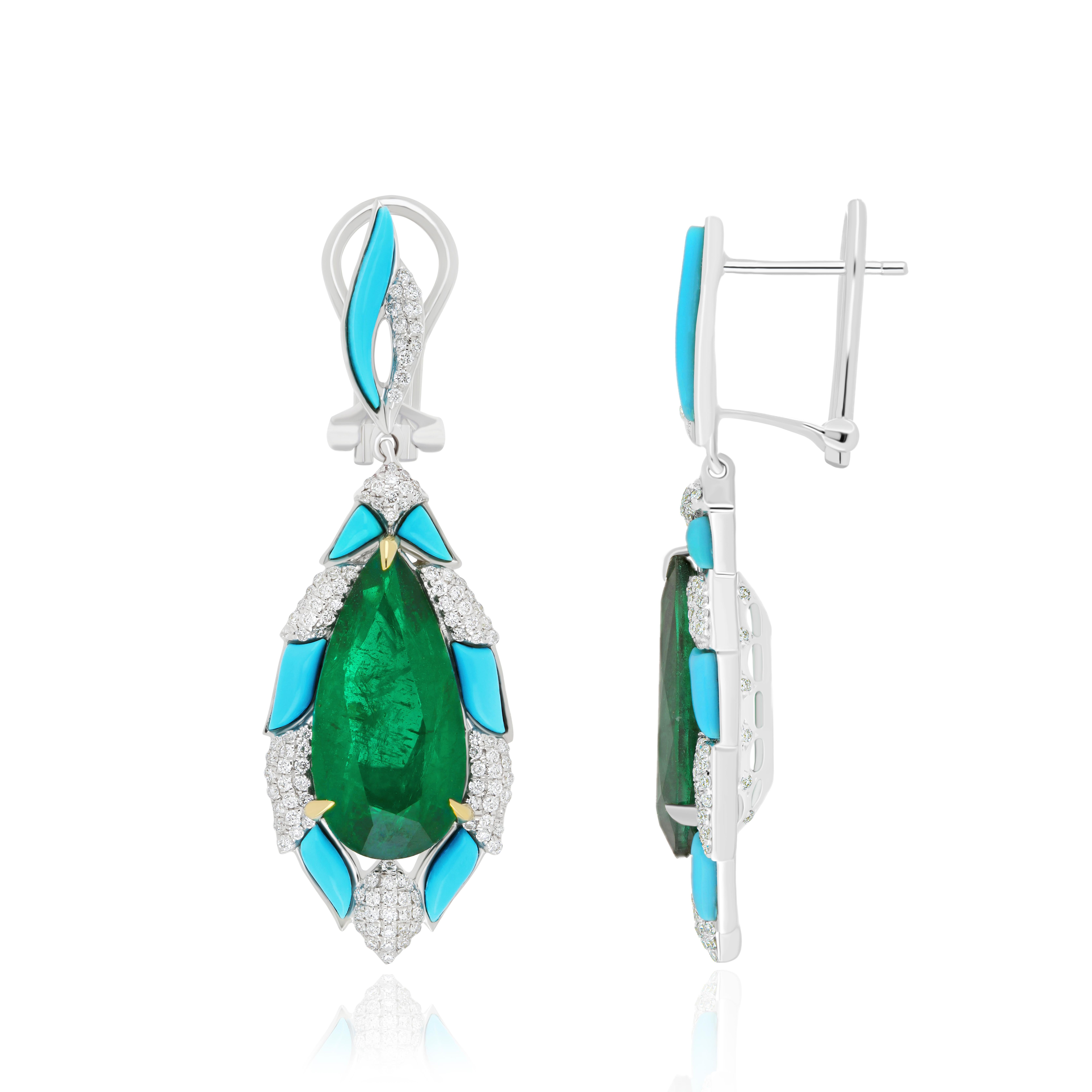 Elegant and Exquisitely detailed White Gold earrings, with 10.05CT's (total approx.) Emerald cut in Unique Pear Shape, Turquoise with fancy cut weight 2.45CT's ( approx.) And accented with micro pave Diamonds, weighing approx. 0.81cts. (total