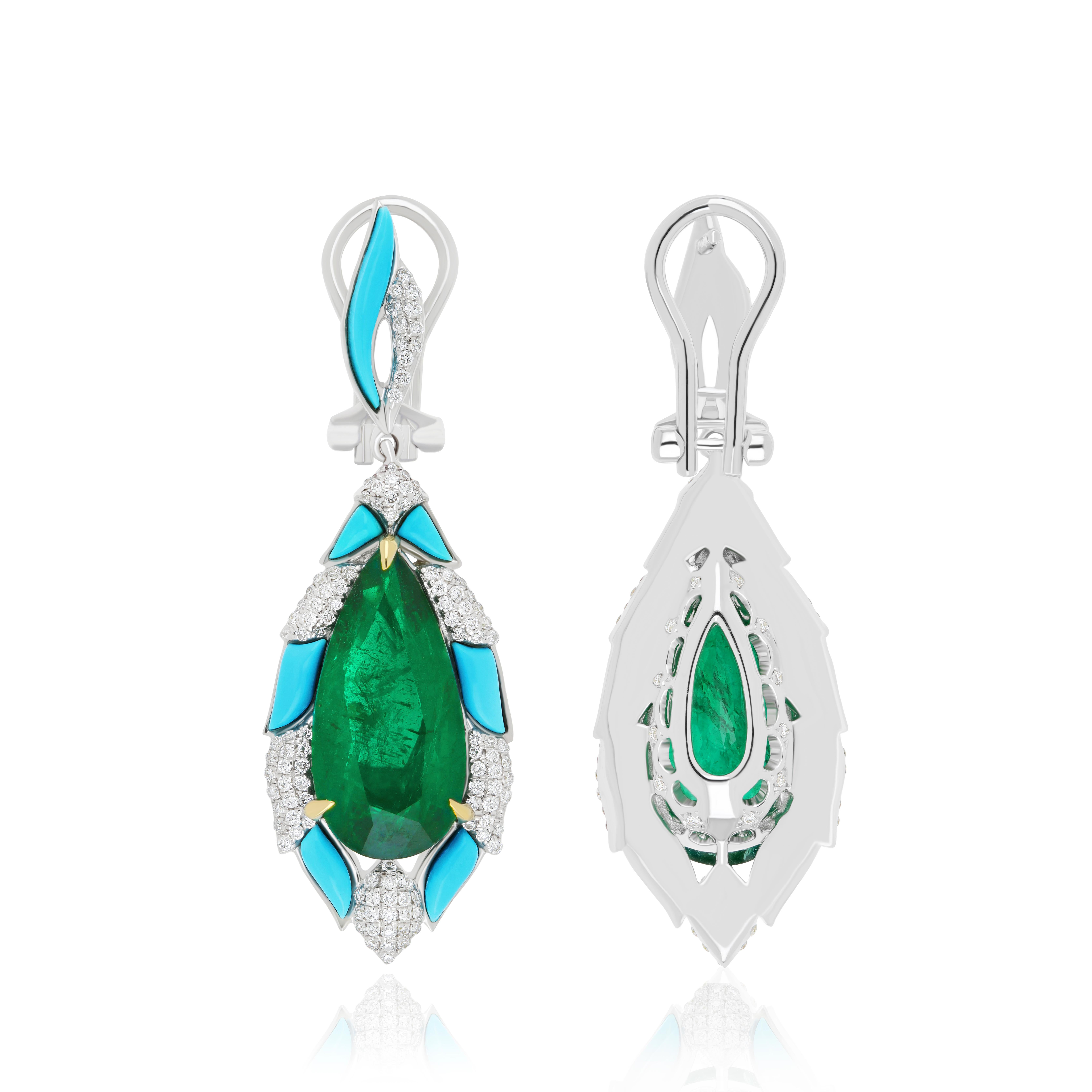 Emerald Cut Emerald, Turquoise & Diamond Earring in 18K White Gold Beautifull Earring For Sale