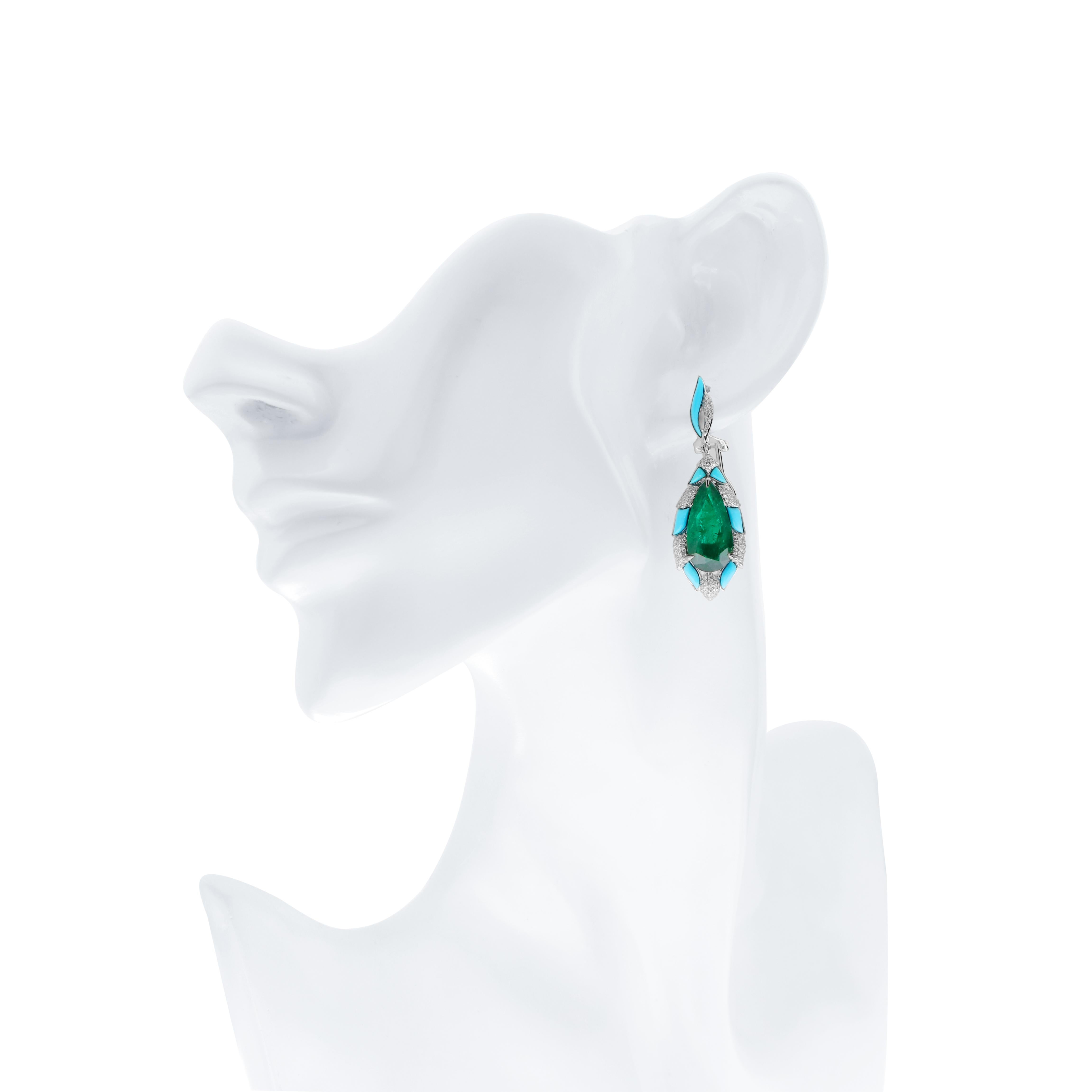 Emerald, Turquoise & Diamond Earring in 18K White Gold Beautifull Earring For Sale 1