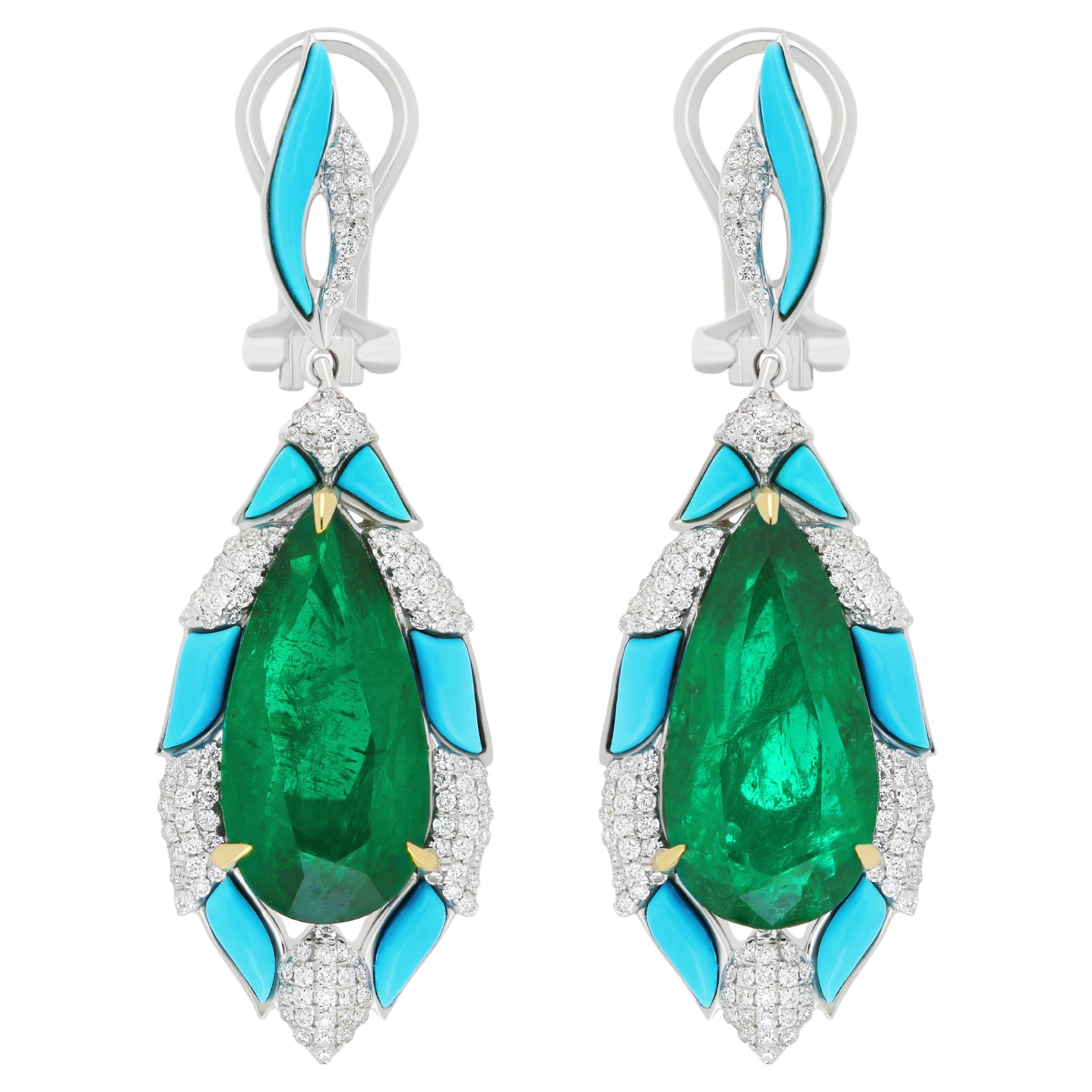 Emerald, Turquoise & Diamond Earring in 18K White Gold Beautifull Earring For Sale