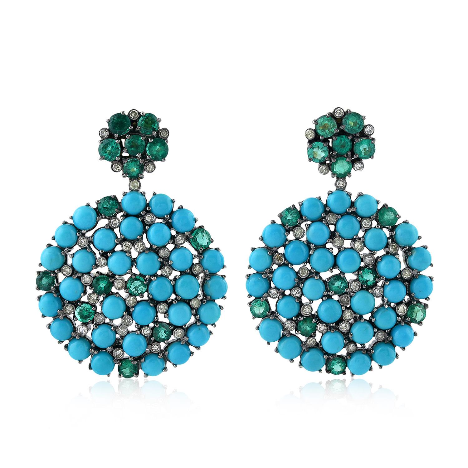 Smaragd-Türkis-Diamant-Ohrringe (Gemischter Schliff) im Angebot