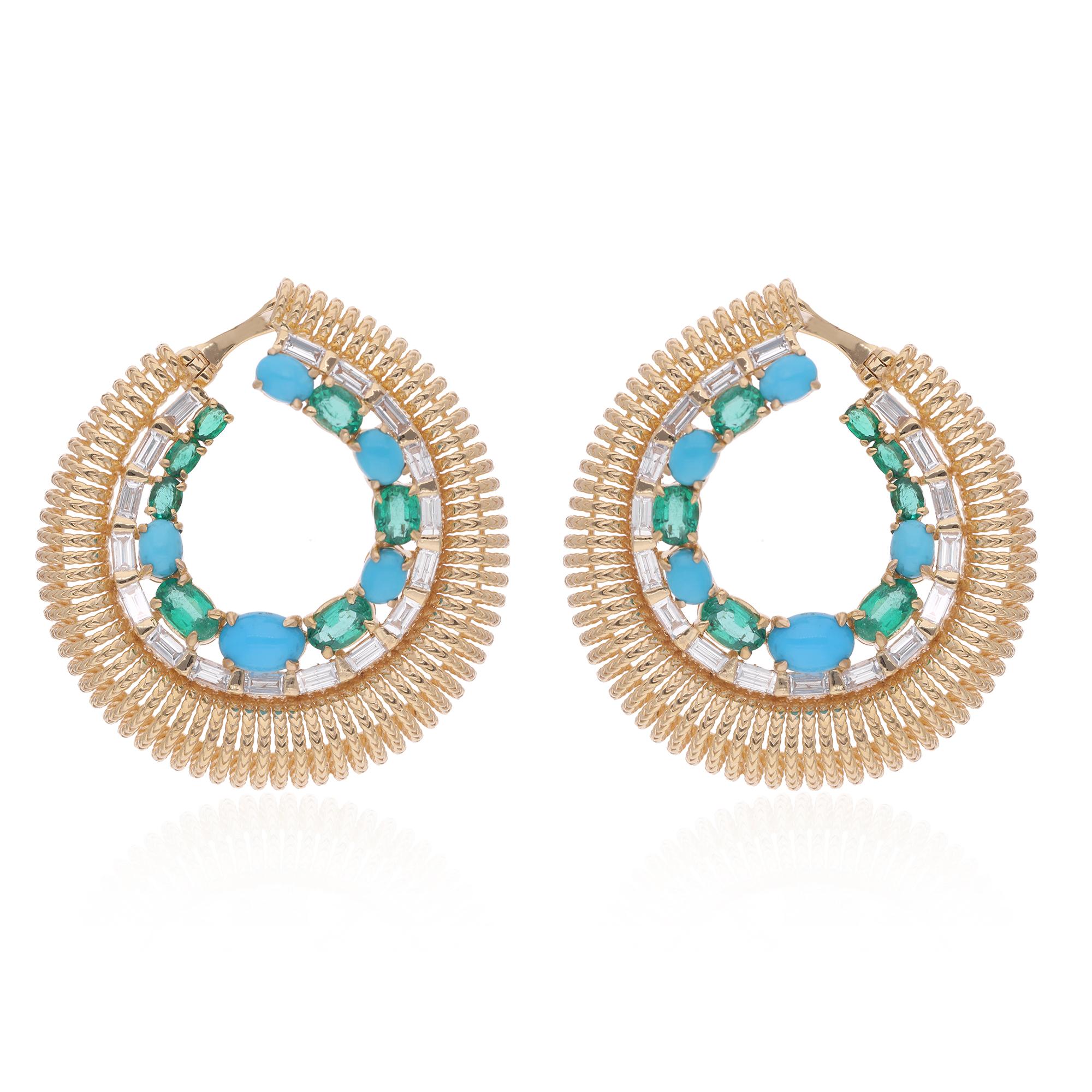 Cast from 10-karat gold, these exquisite earrings are handset with 4.24 carats turquoise & emerald gemstone and 1.55 carats of sparkling diamonds.

FOLLOW SPECTRUM JEWELS storefront to view the latest collection & exclusive pieces. Spectrum Jewels