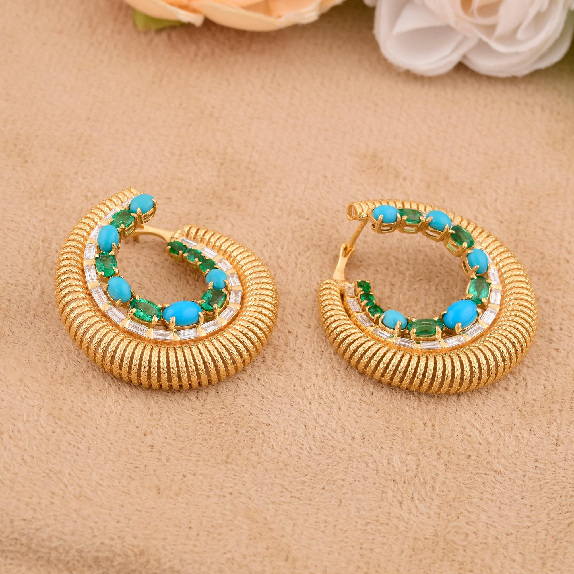 Oval Cut Emerald Turquoise Gemstone Hoop Earrings Baguette Diamond 10 Karat Yellow Gold For Sale
