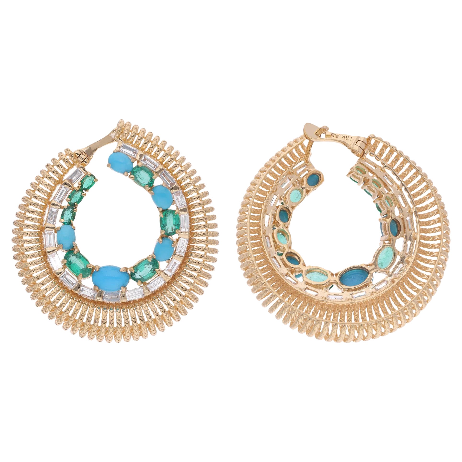 Emerald Turquoise Gemstone Hoop Earrings Baguette Diamond 10 Karat Yellow Gold For Sale