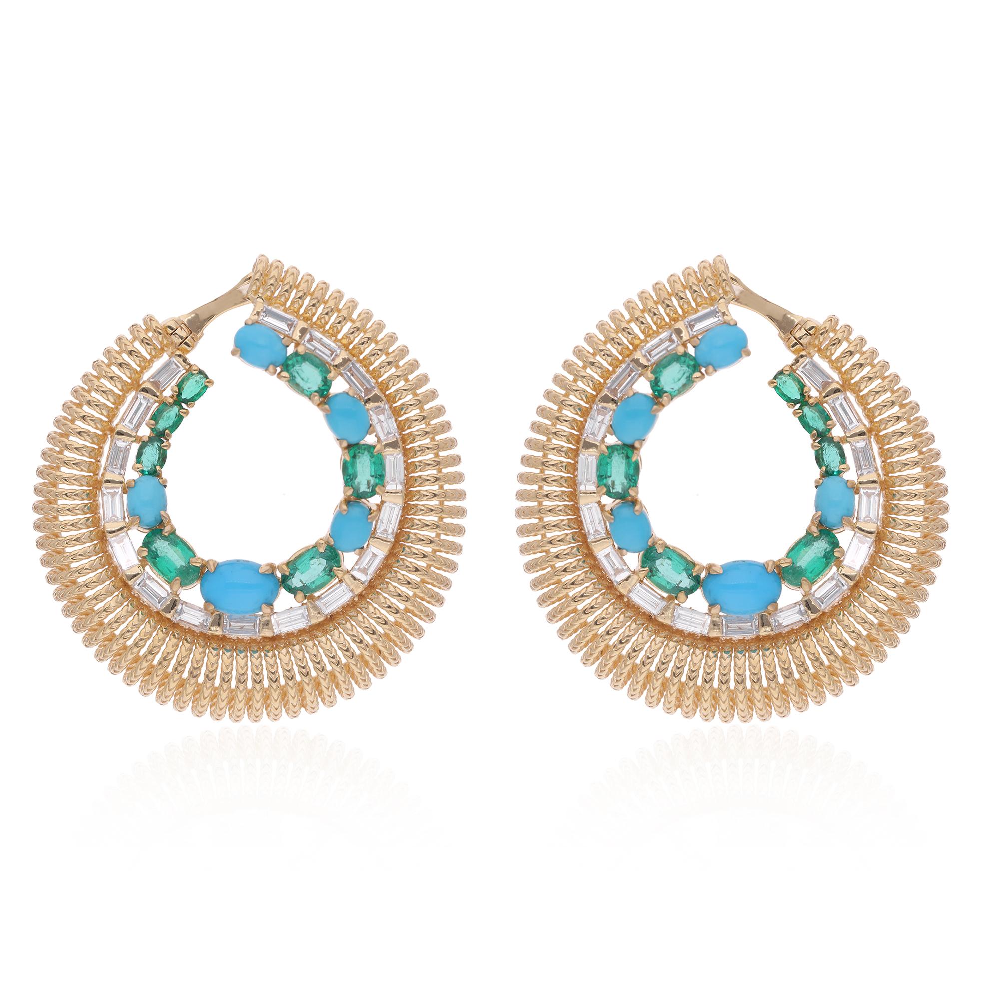 Elevate your style with the mesmerizing beauty of these Emerald Turquoise Gemstone Hoop Earrings, adorned with Baguette Diamonds and crafted in luxurious 14 Karat Yellow Gold. These exquisite earrings exude a sense of effortless sophistication and