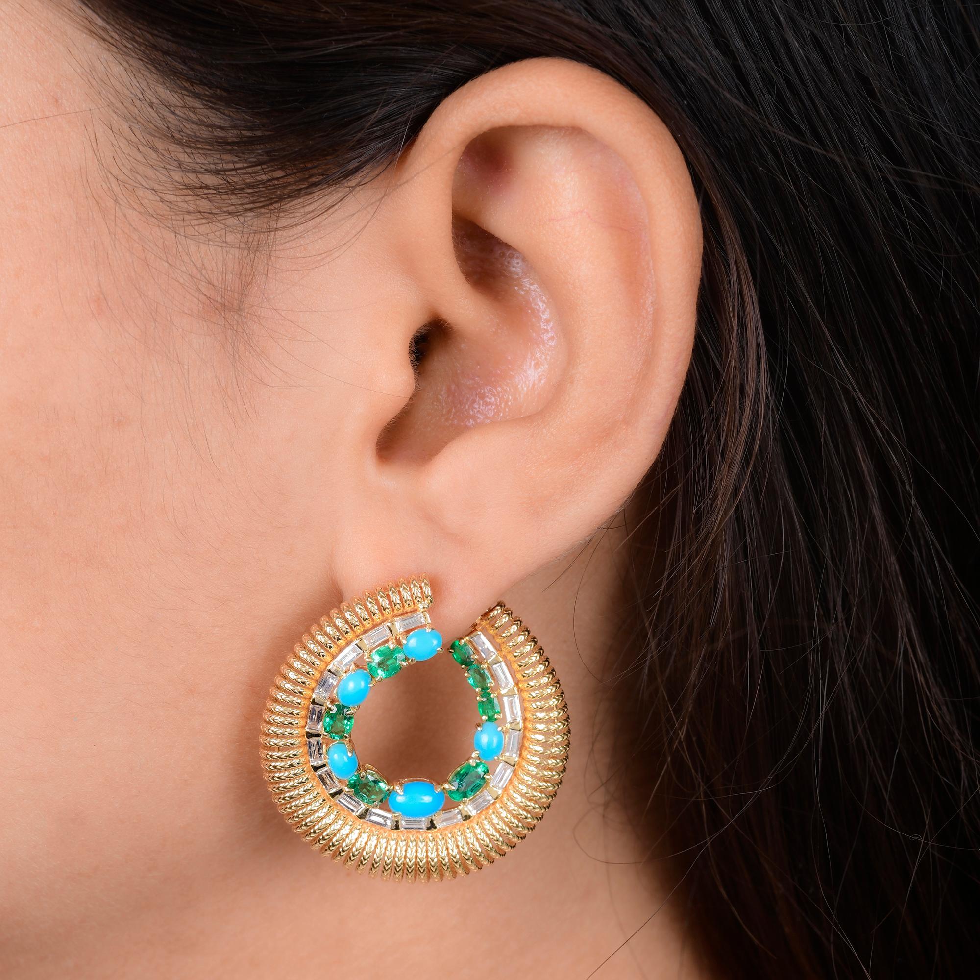 Modern Emerald Turquoise Gemstone Hoop Earrings Baguette Diamond 14 Karat Yellow Gold For Sale