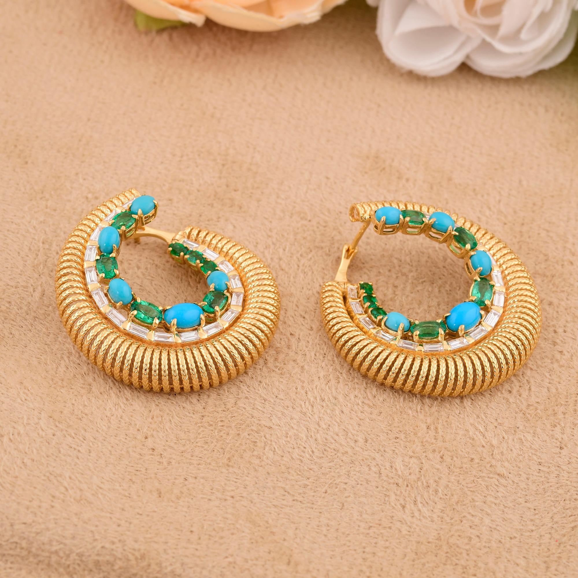 Oval Cut Emerald Turquoise Gemstone Hoop Earrings Baguette Diamond 14 Karat Yellow Gold For Sale