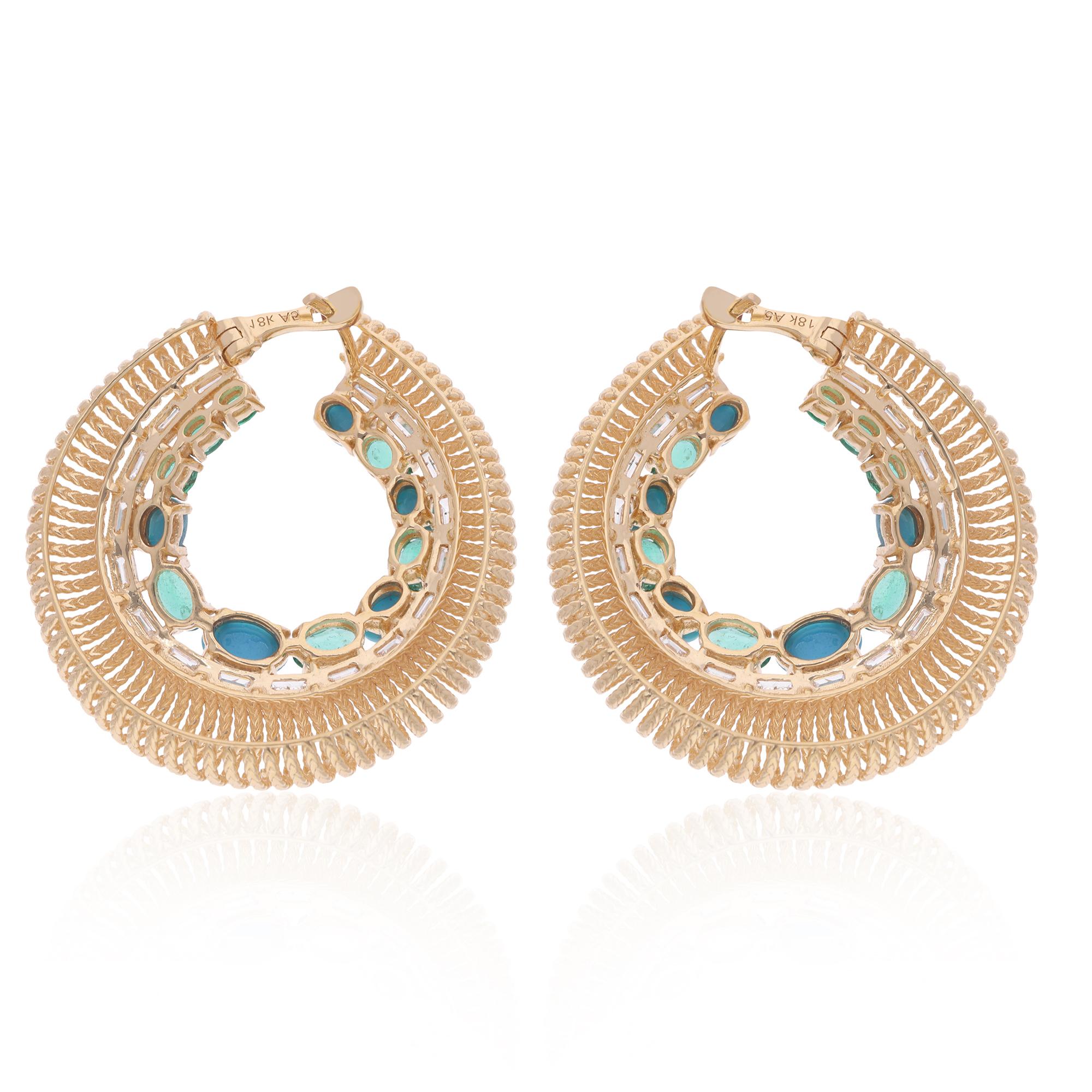 Women's Emerald Turquoise Gemstone Hoop Earrings Baguette Diamond 14 Karat Yellow Gold For Sale