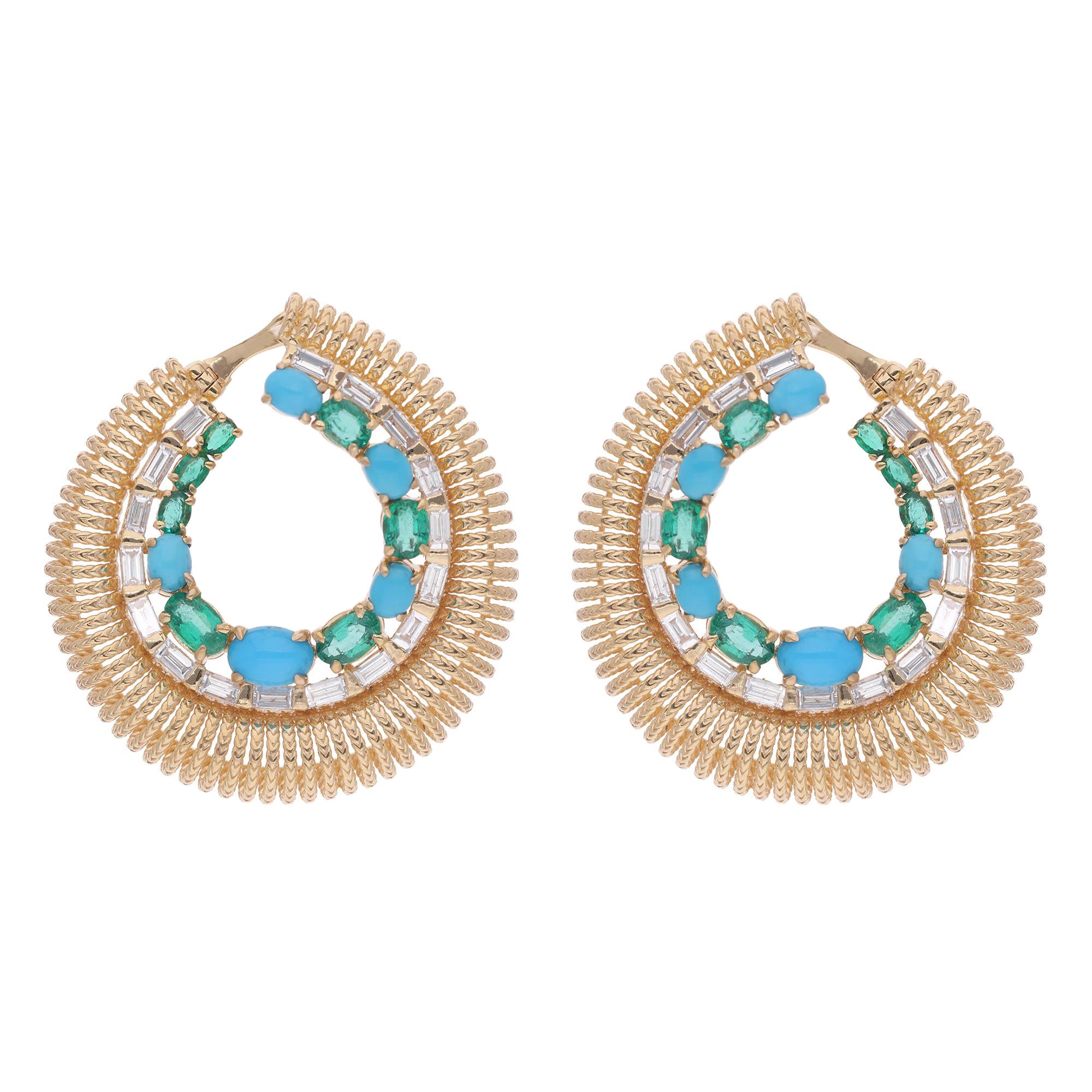 Emerald Turquoise Gemstone Hoop Earrings Baguette Diamond 14 Karat Yellow Gold For Sale