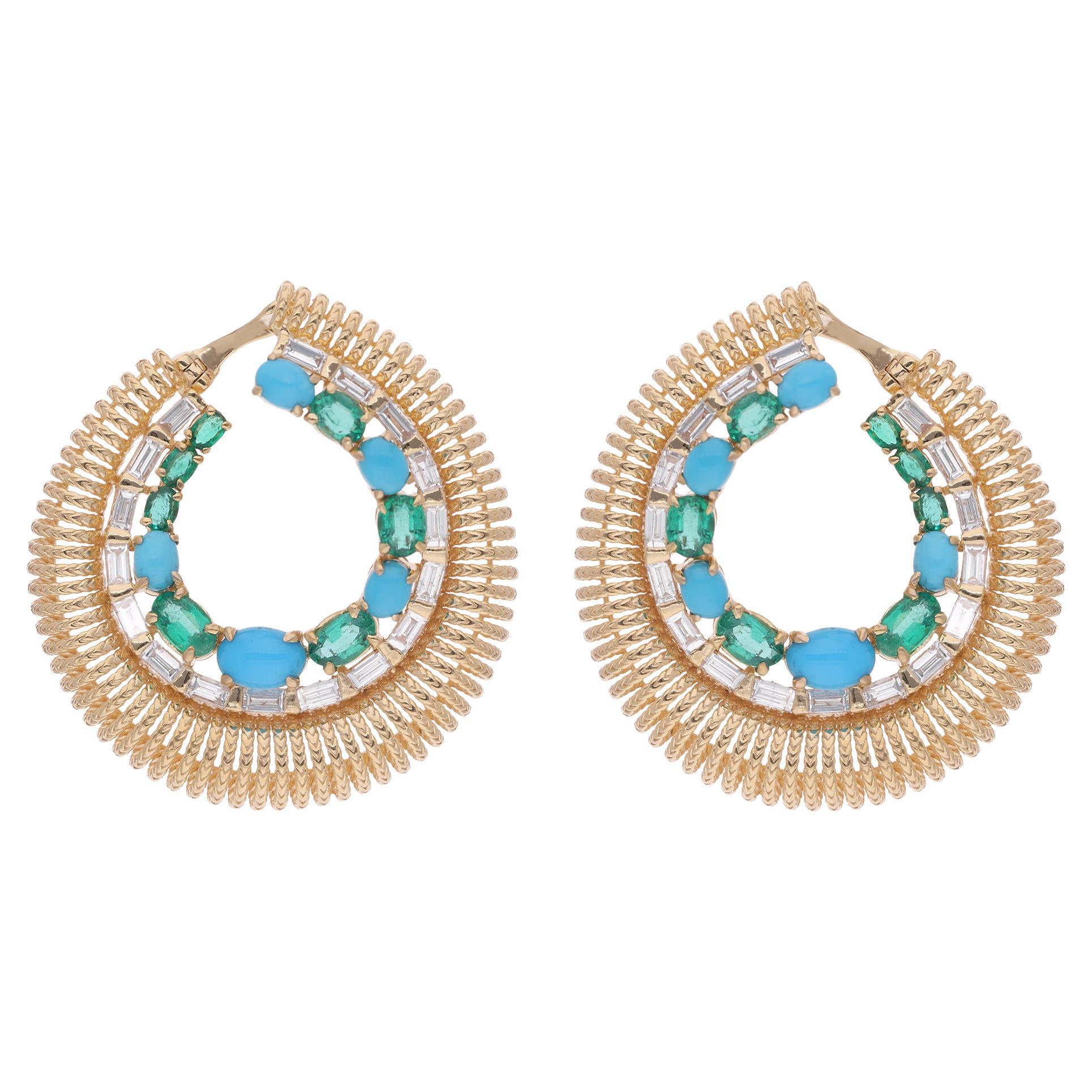 Créoles en or jaune 14 carats avec émeraudes, turquoises et diamants baguettes