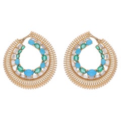 Créoles en or jaune 14 carats avec émeraudes, turquoises et diamants baguettes