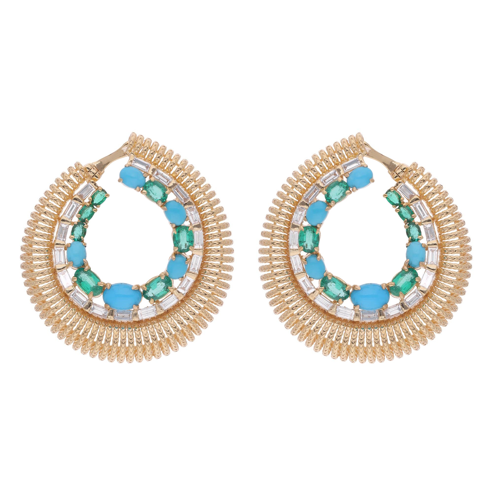 Emerald Turquoise Gemstone Hoop Earrings Baguette Diamond 18 Karat Yellow Gold